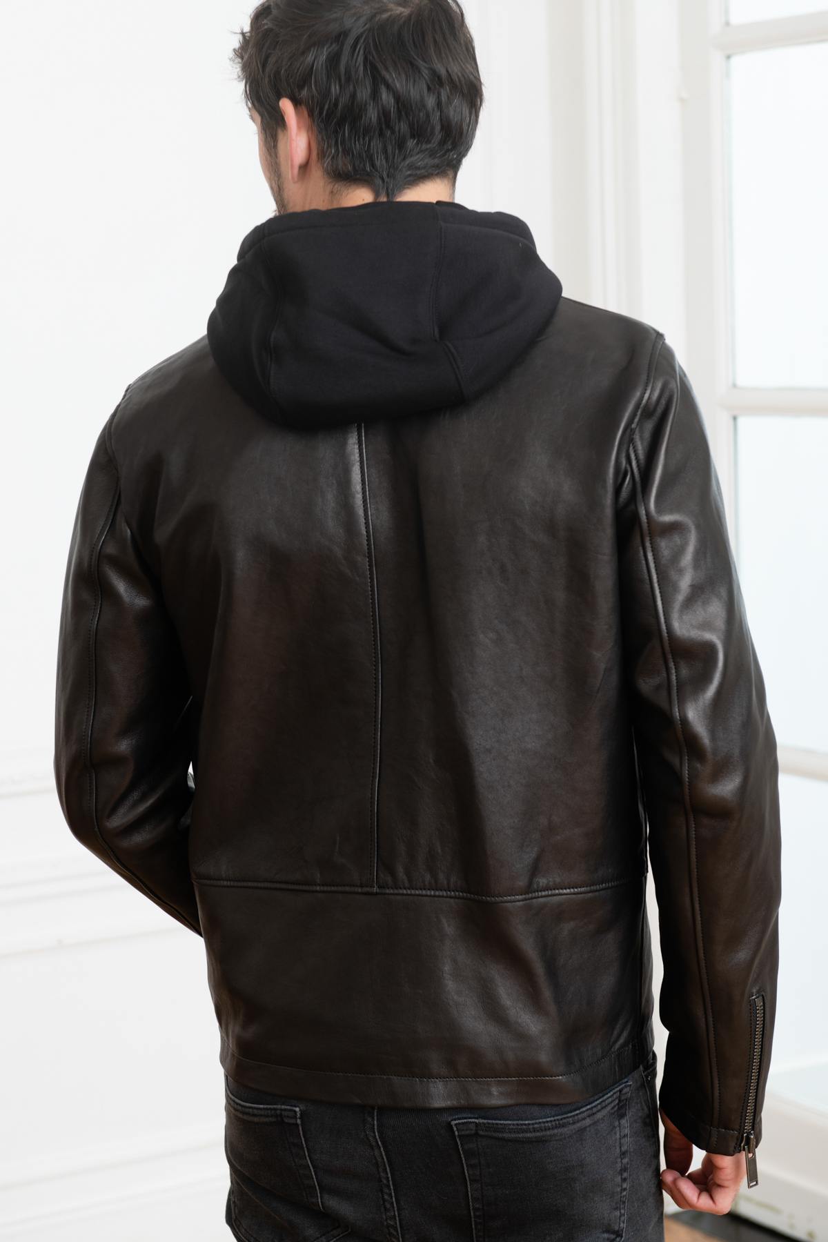 Leather jacket with removable hood - Image n°5