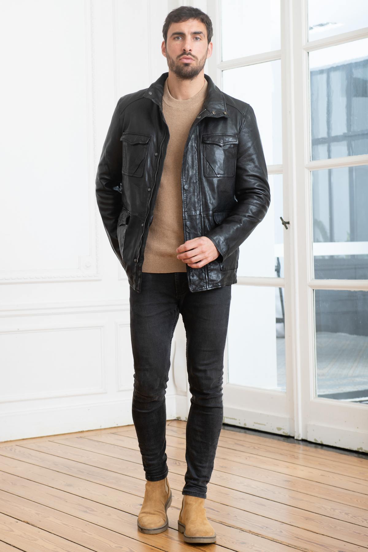 Black vegetable sheepskin leather jacket - Image n°3