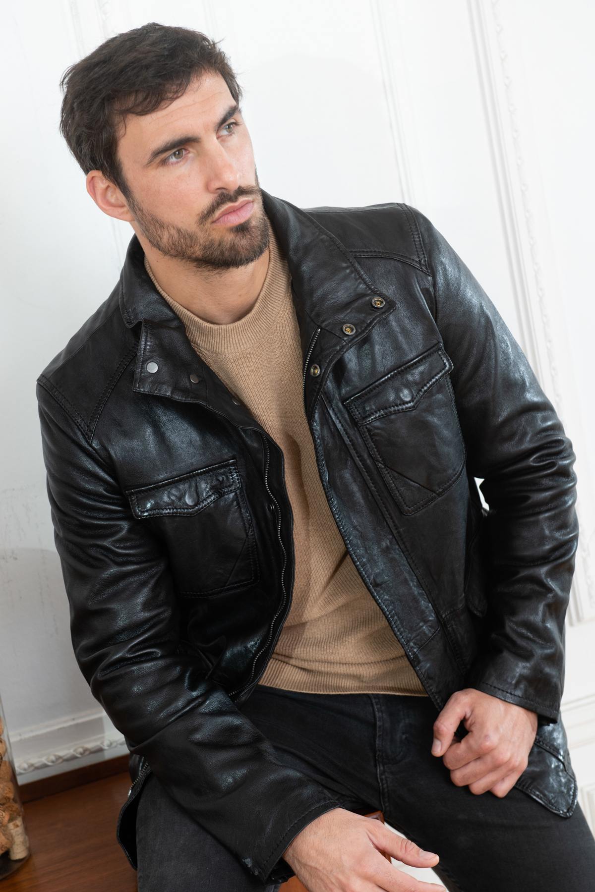 Black vegetable sheepskin leather jacket - Image n°1