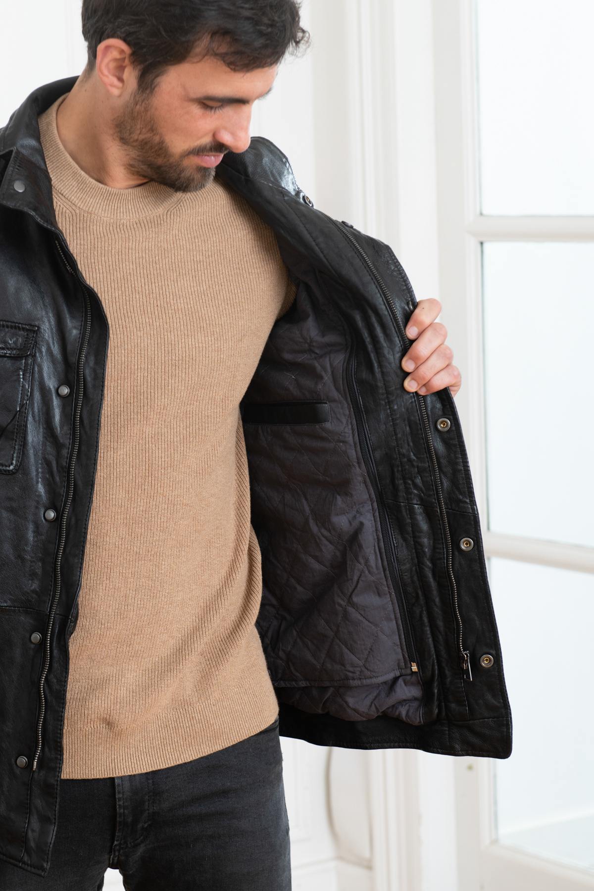 Black vegetable sheepskin leather jacket - Image n°4