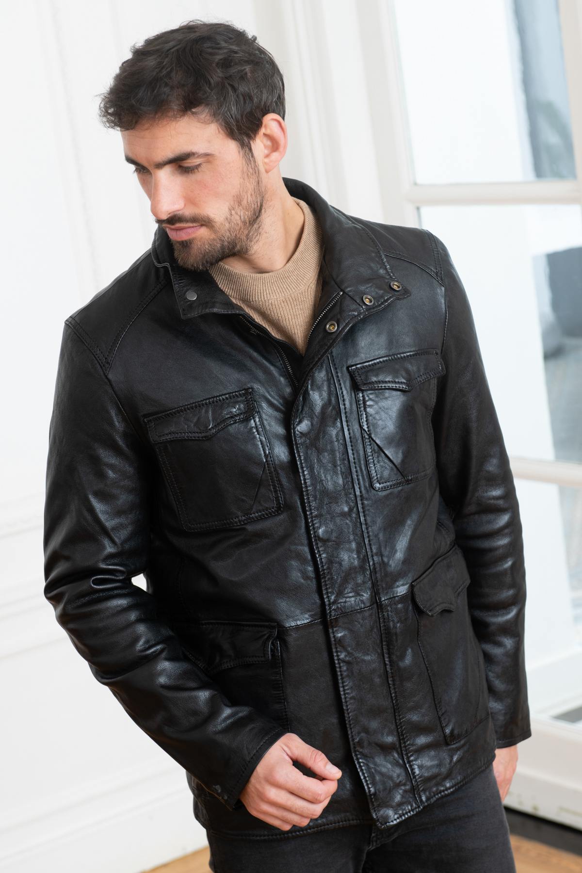 Black vegetable sheepskin leather jacket - Image n°2