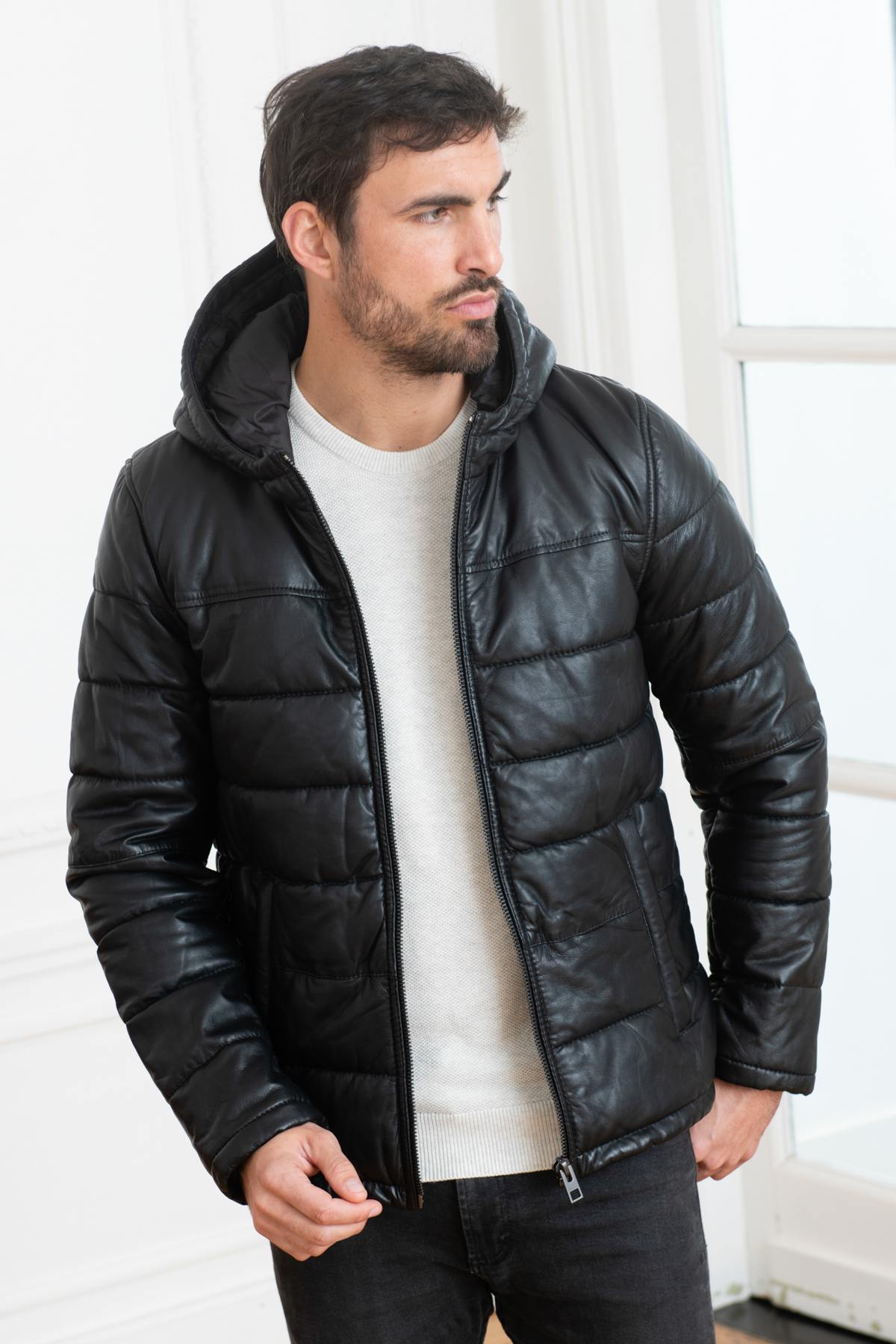 Black leather down jacket - Image n°2