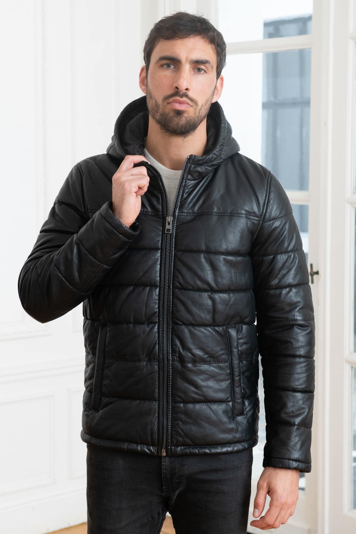 Black leather down jacket - Image n°5