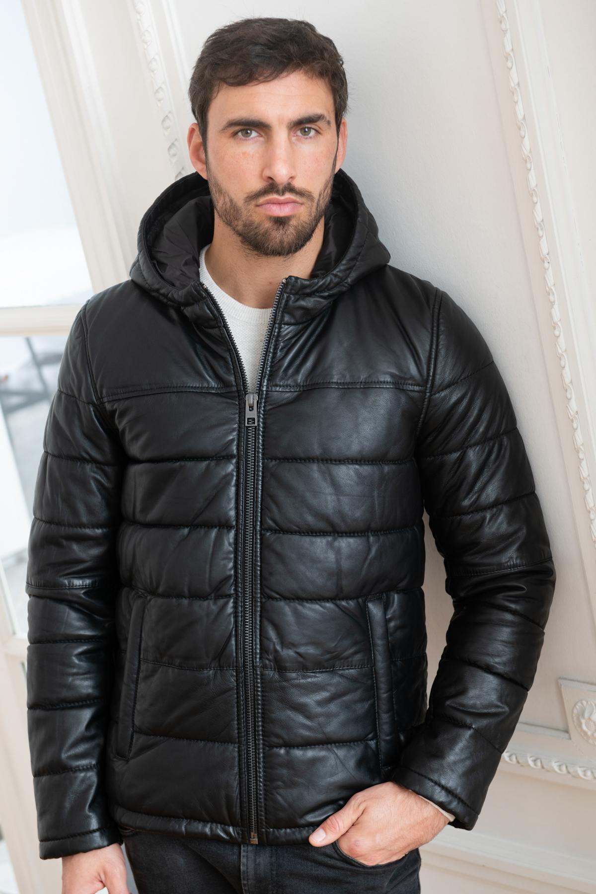 Black leather down jacket - Image n°1