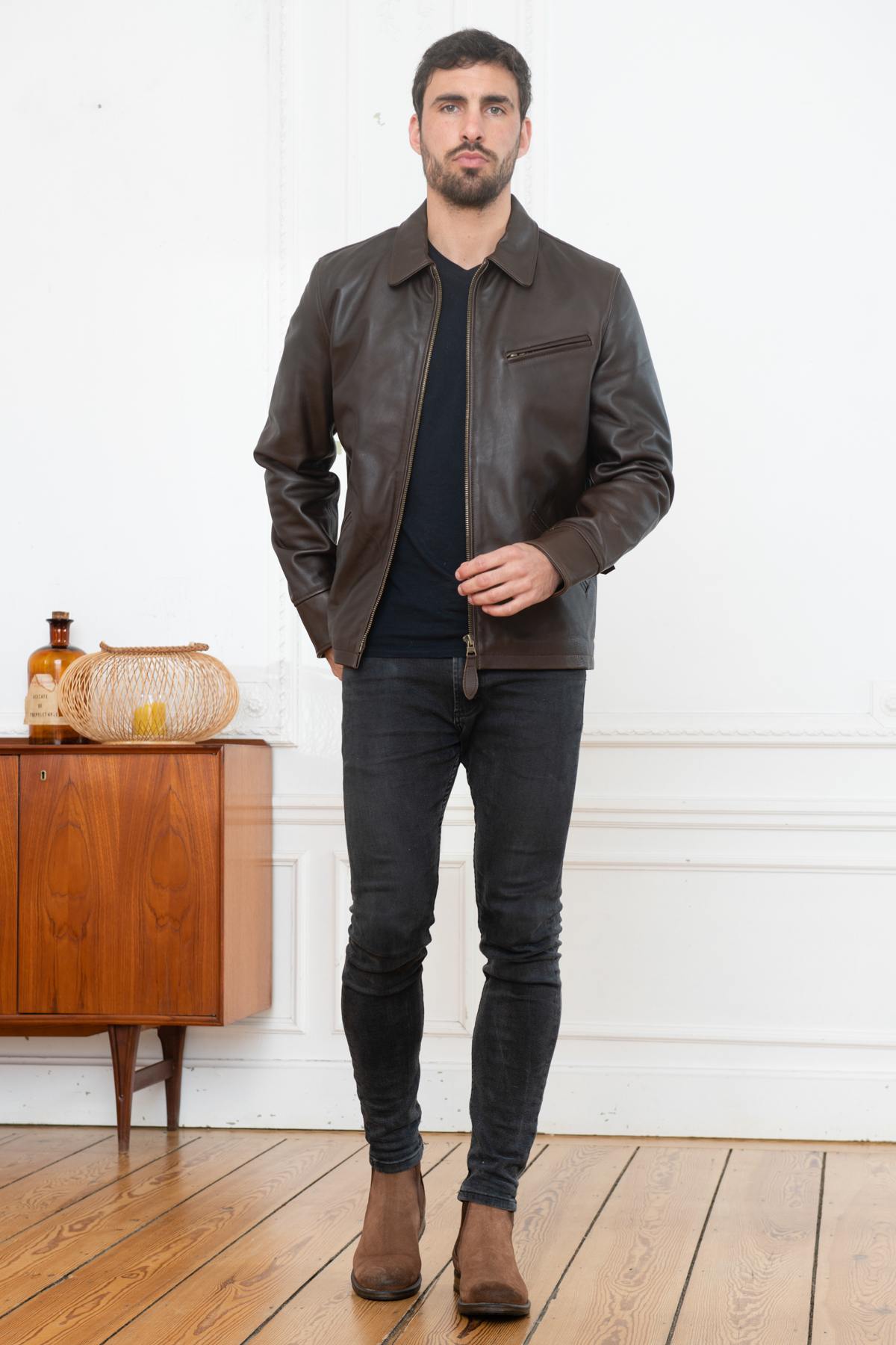 Straight brown cowhide leather jacket - Image n°2