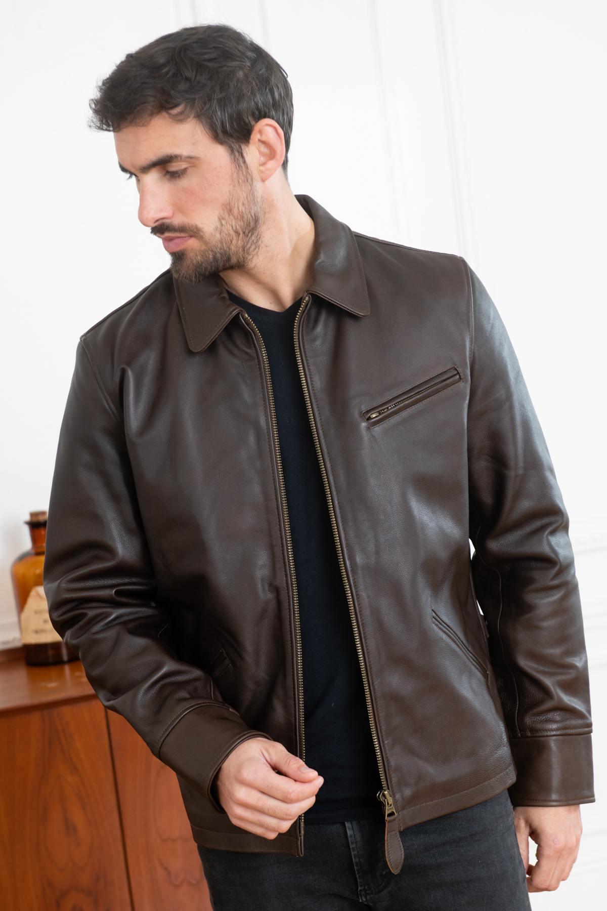 Straight brown cowhide leather jacket - Image n°1