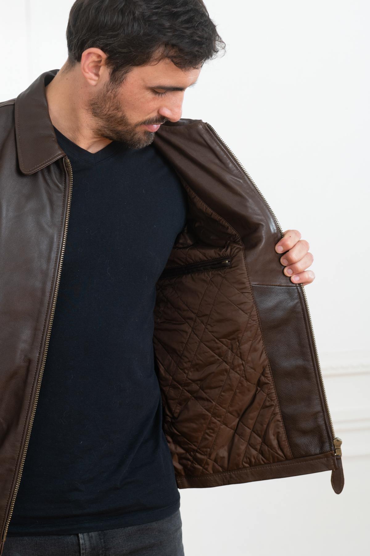 Straight brown cowhide leather jacket - Image n°3