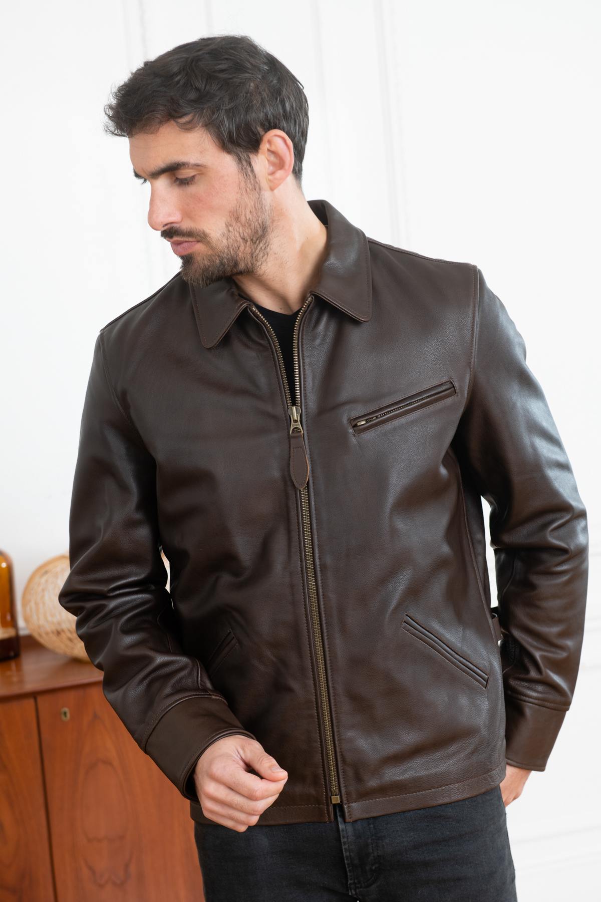 Straight brown cowhide leather jacket - Image n°4