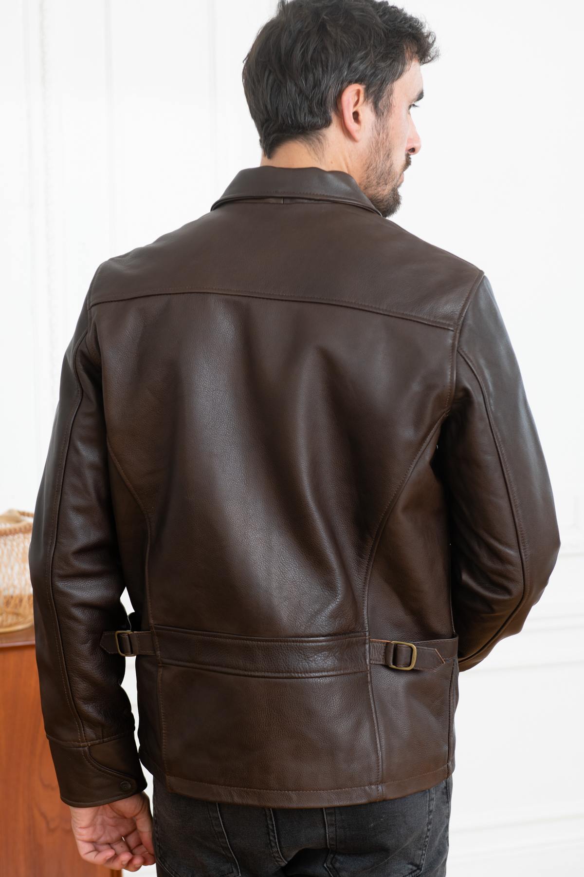 Straight brown cowhide leather jacket - Image n°6