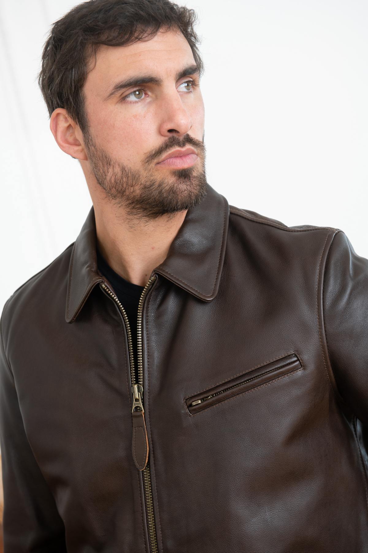 Straight brown cowhide leather jacket - Image n°8