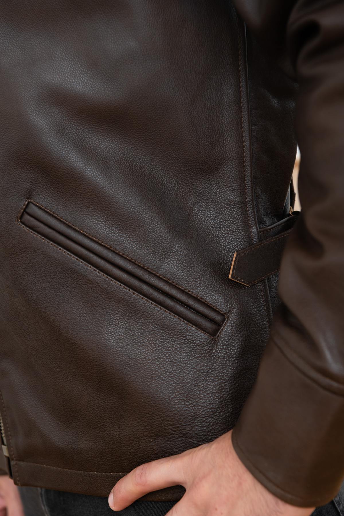 Straight brown cowhide leather jacket - Image n°9