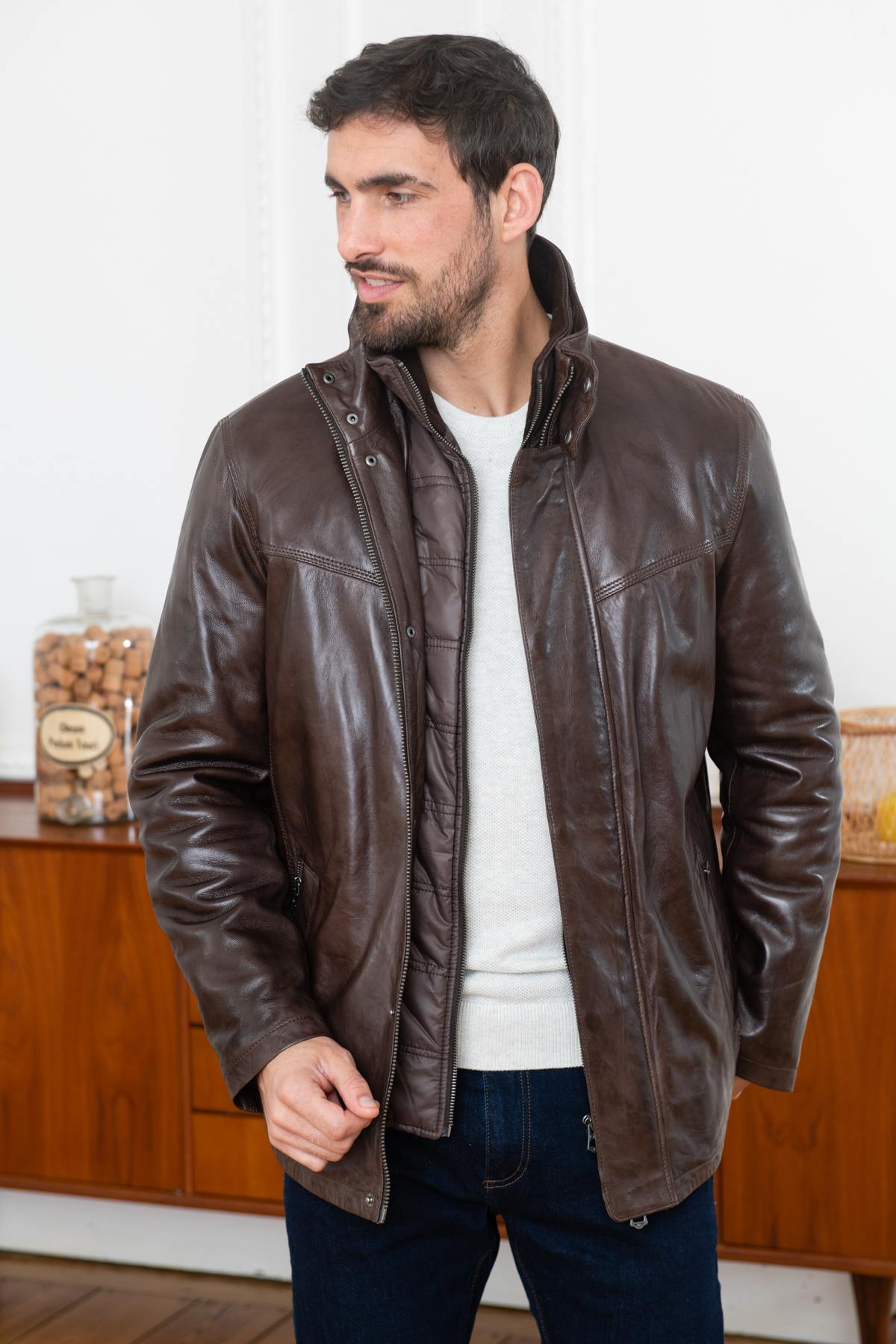 Men's brown leather jacket - Image n°1