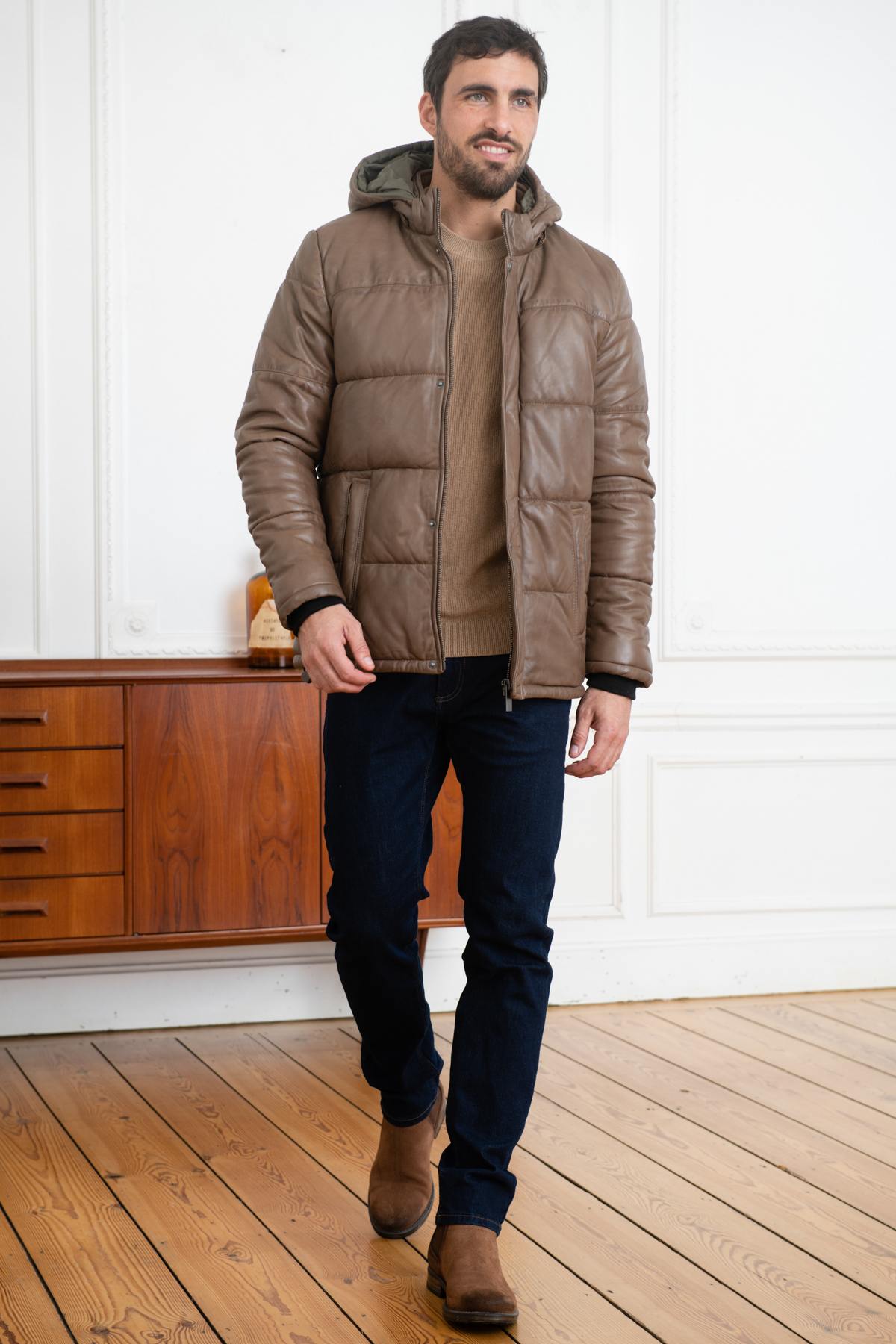 Light brown leather down jacket - Image n°2