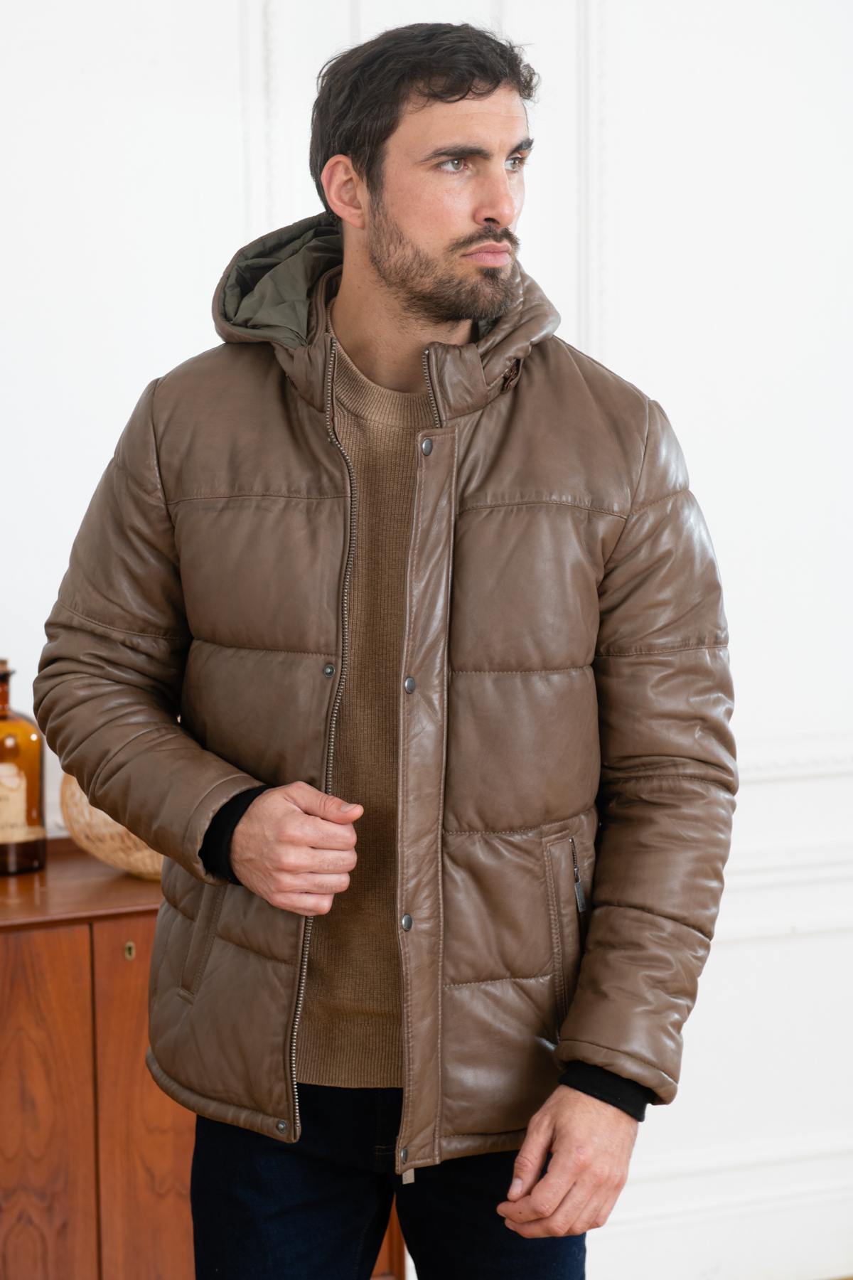 Light brown leather down jacket - Image n°1