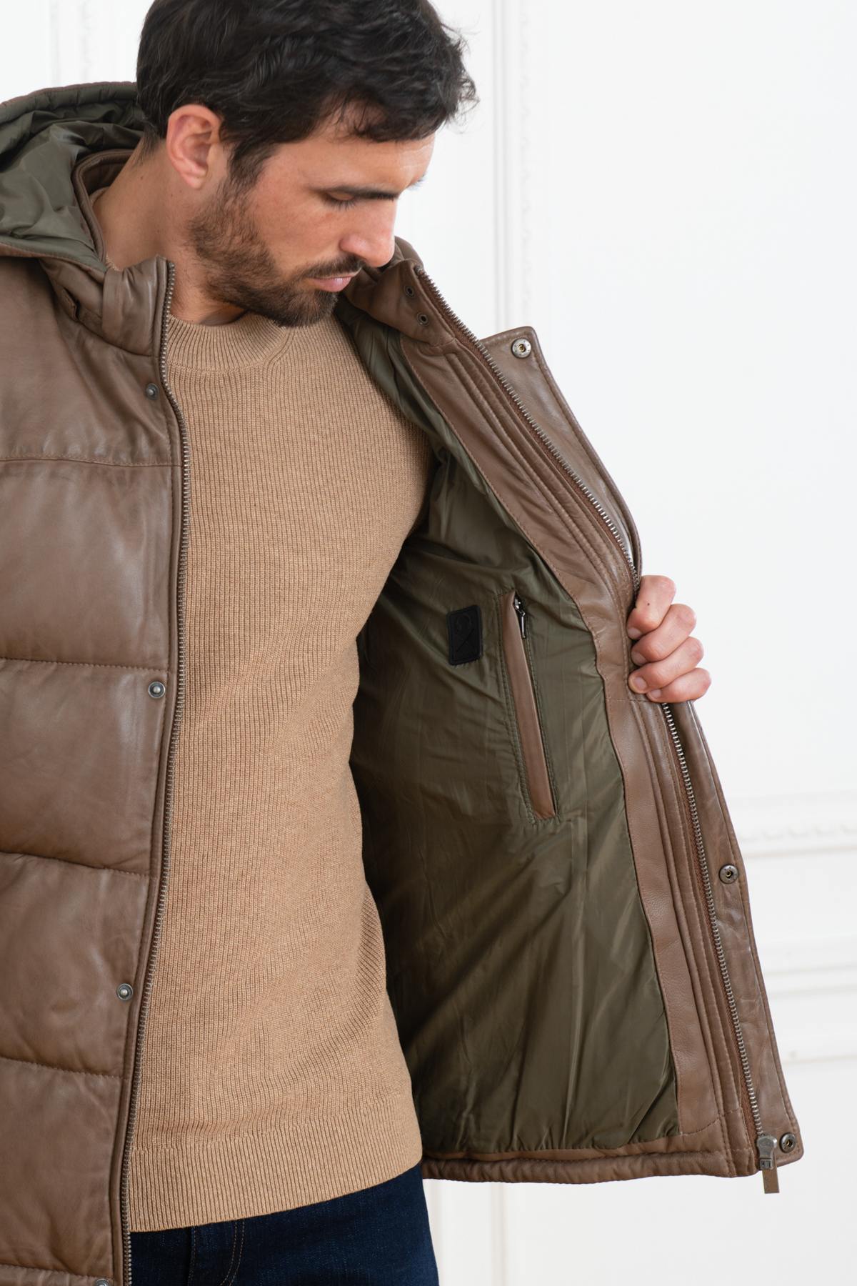 Light brown leather down jacket - Image n°4