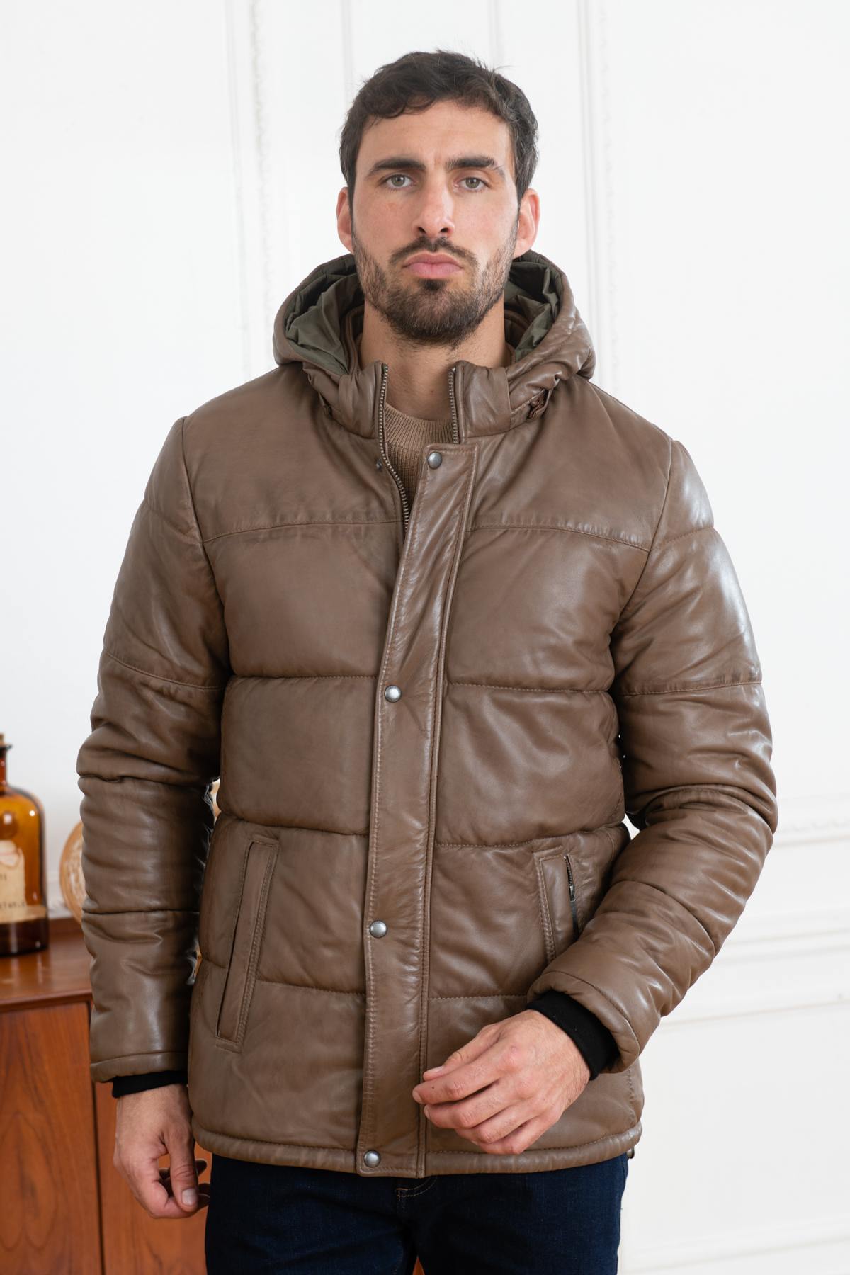 Light brown leather down jacket - Image n°3