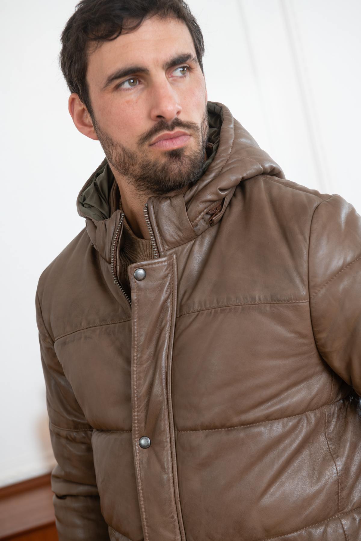 Light brown leather down jacket - Image n°6