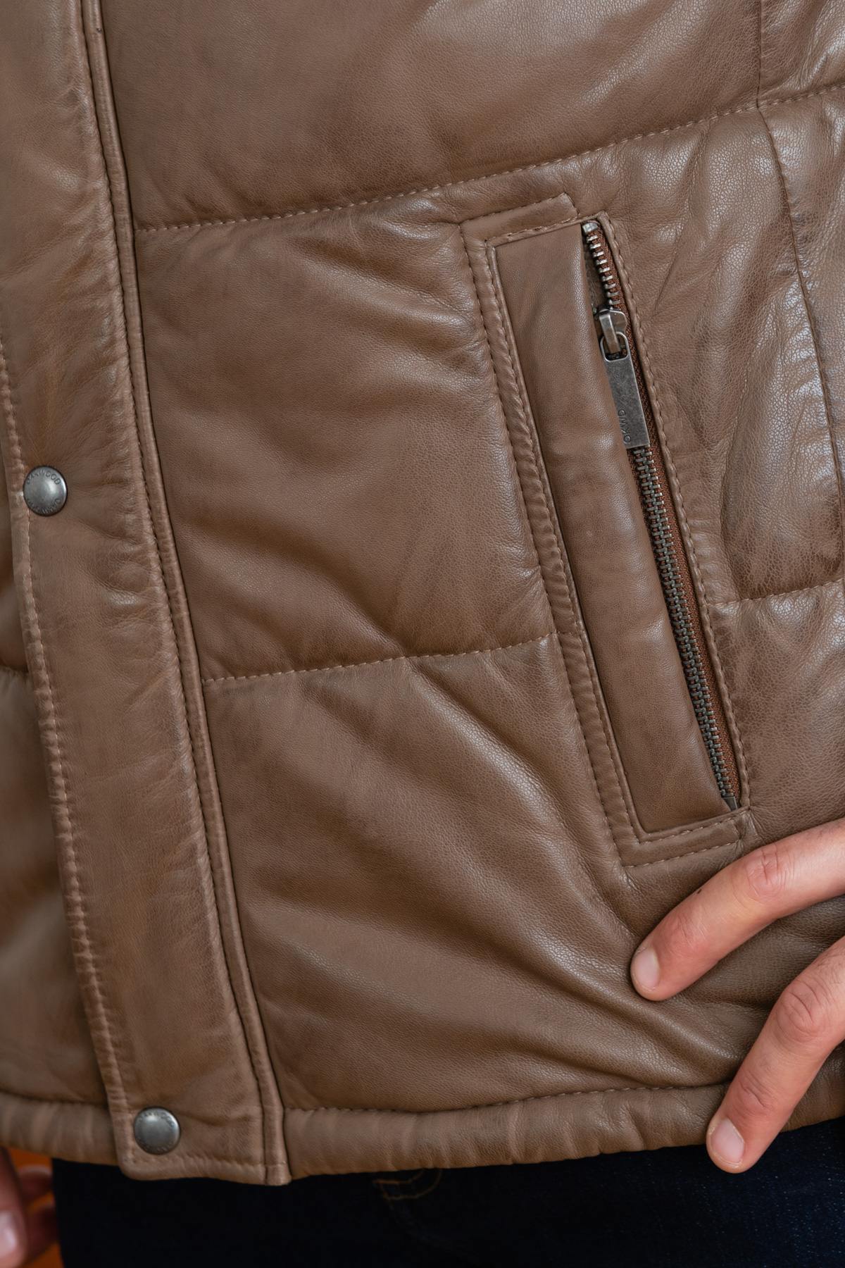 Light brown leather down jacket - Image n°7