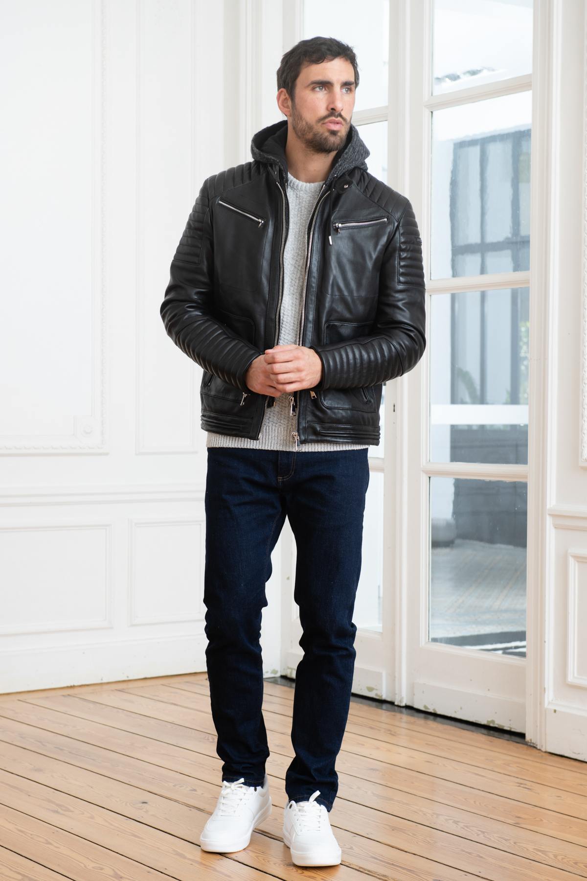 Biker-style leather jacket with wool lining - Image n°2