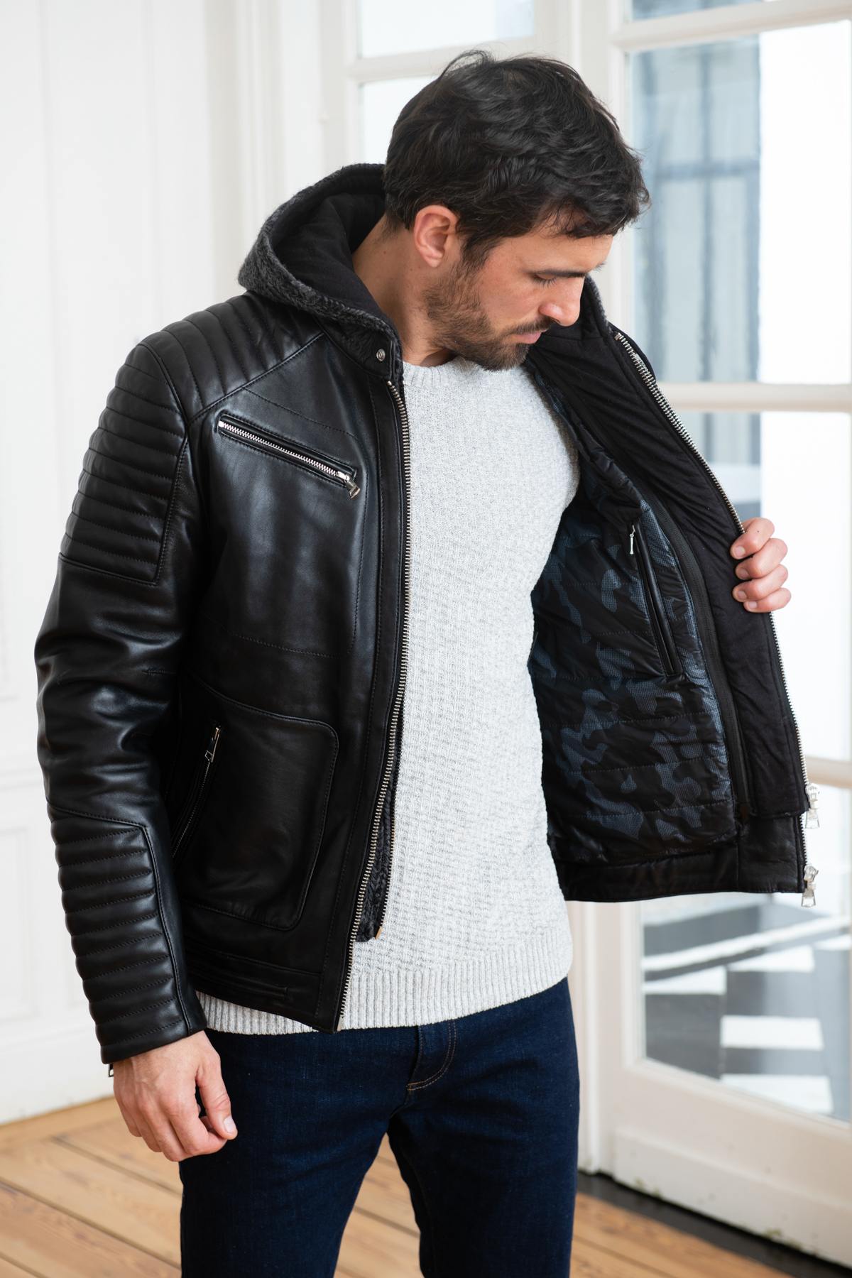 Biker-style leather jacket with wool lining - Image n°6