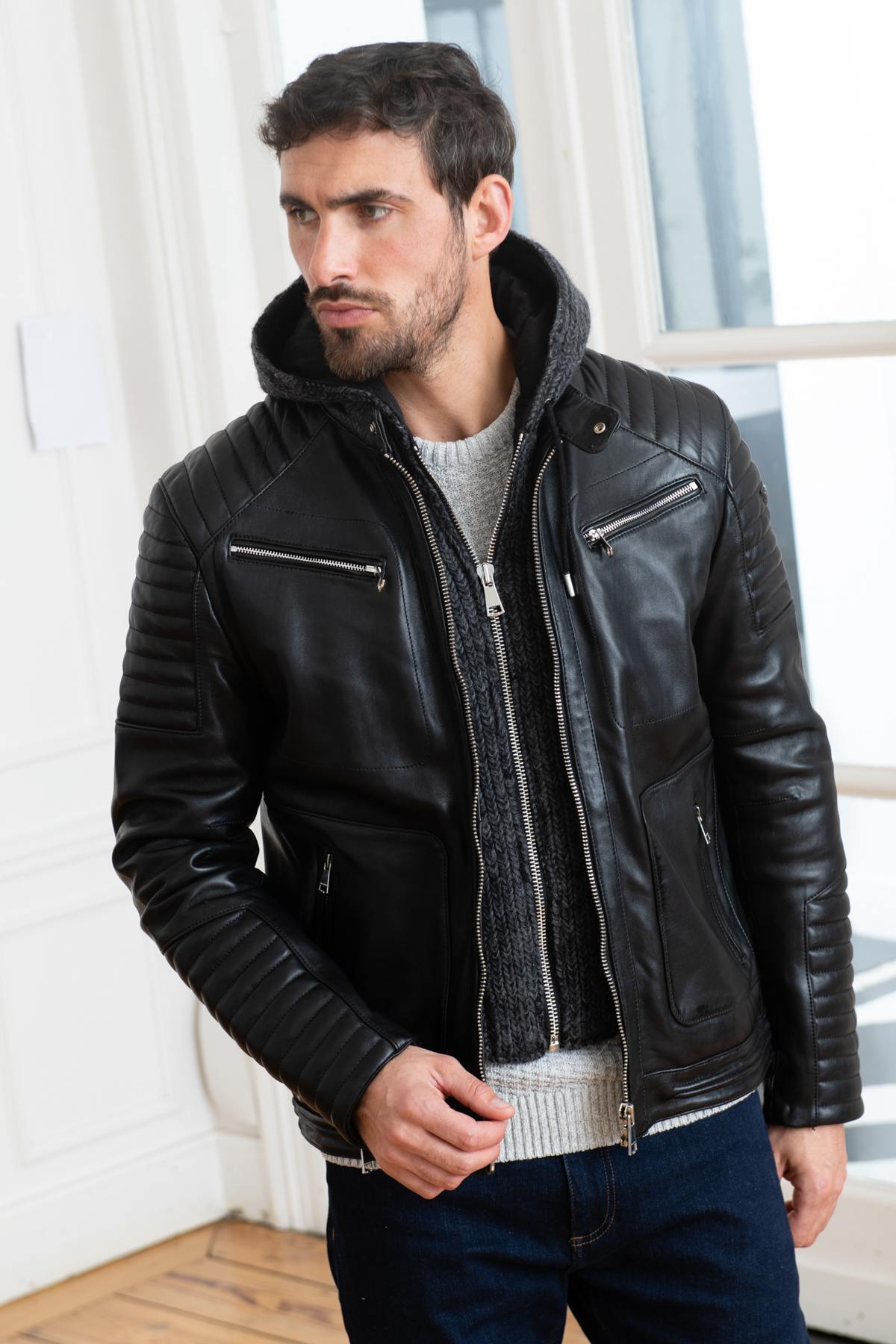 Biker-style leather jacket with wool lining - Image n°3