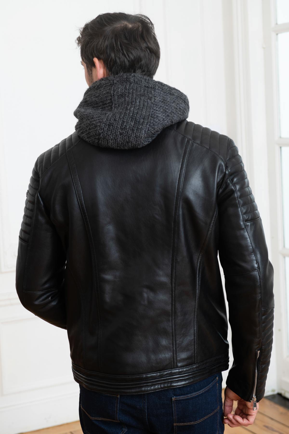 Biker-style leather jacket with wool lining - Image n°7