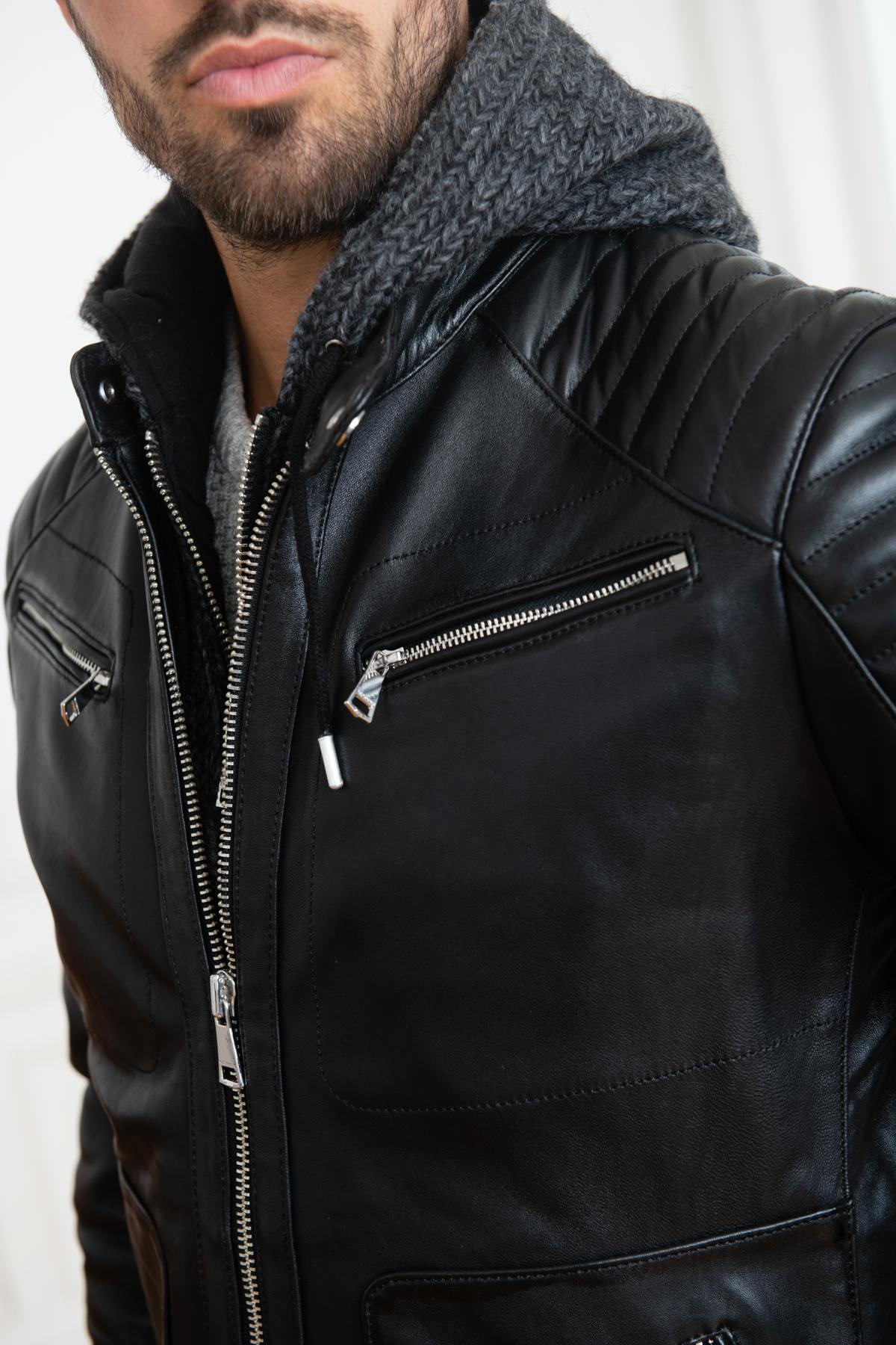 Biker-style leather jacket with wool lining - Image n°8