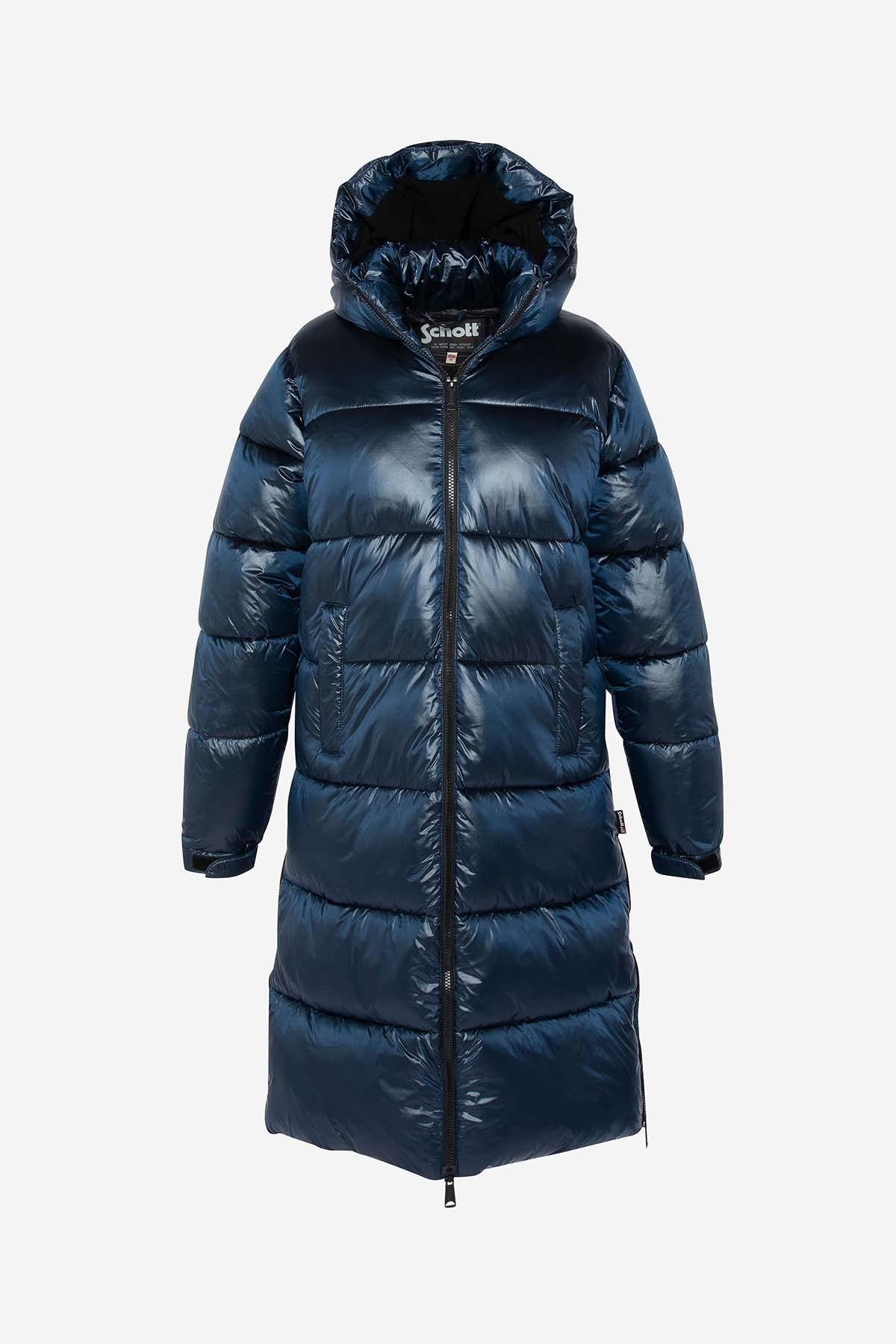 Extra long shiny navy blue down jacket - Image n°1