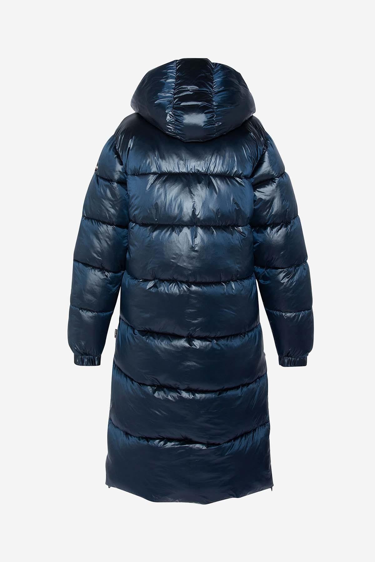 Extra long shiny navy blue down jacket - Image n°2