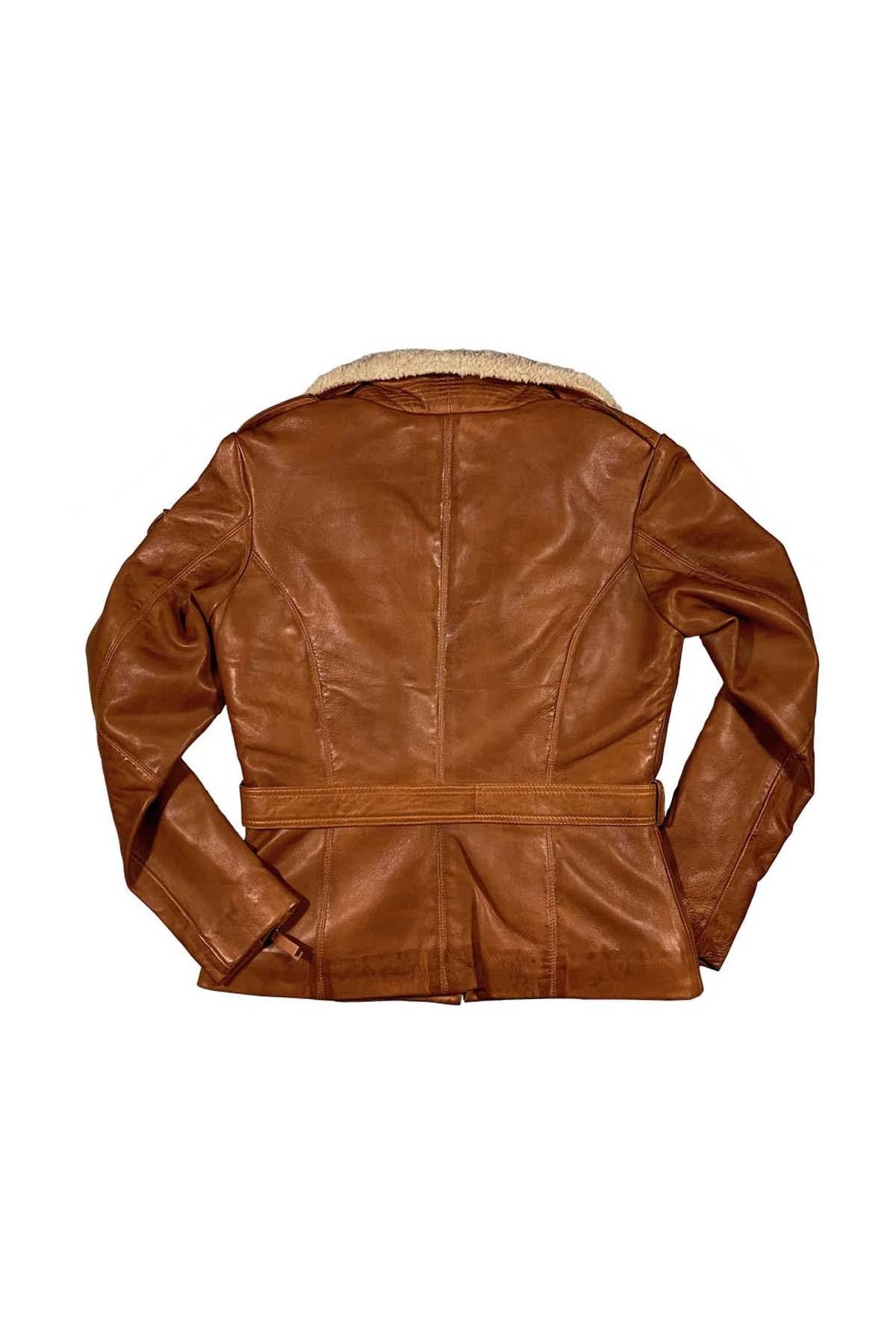 Cognac sheepskin leather bomber jacket - Image n°11