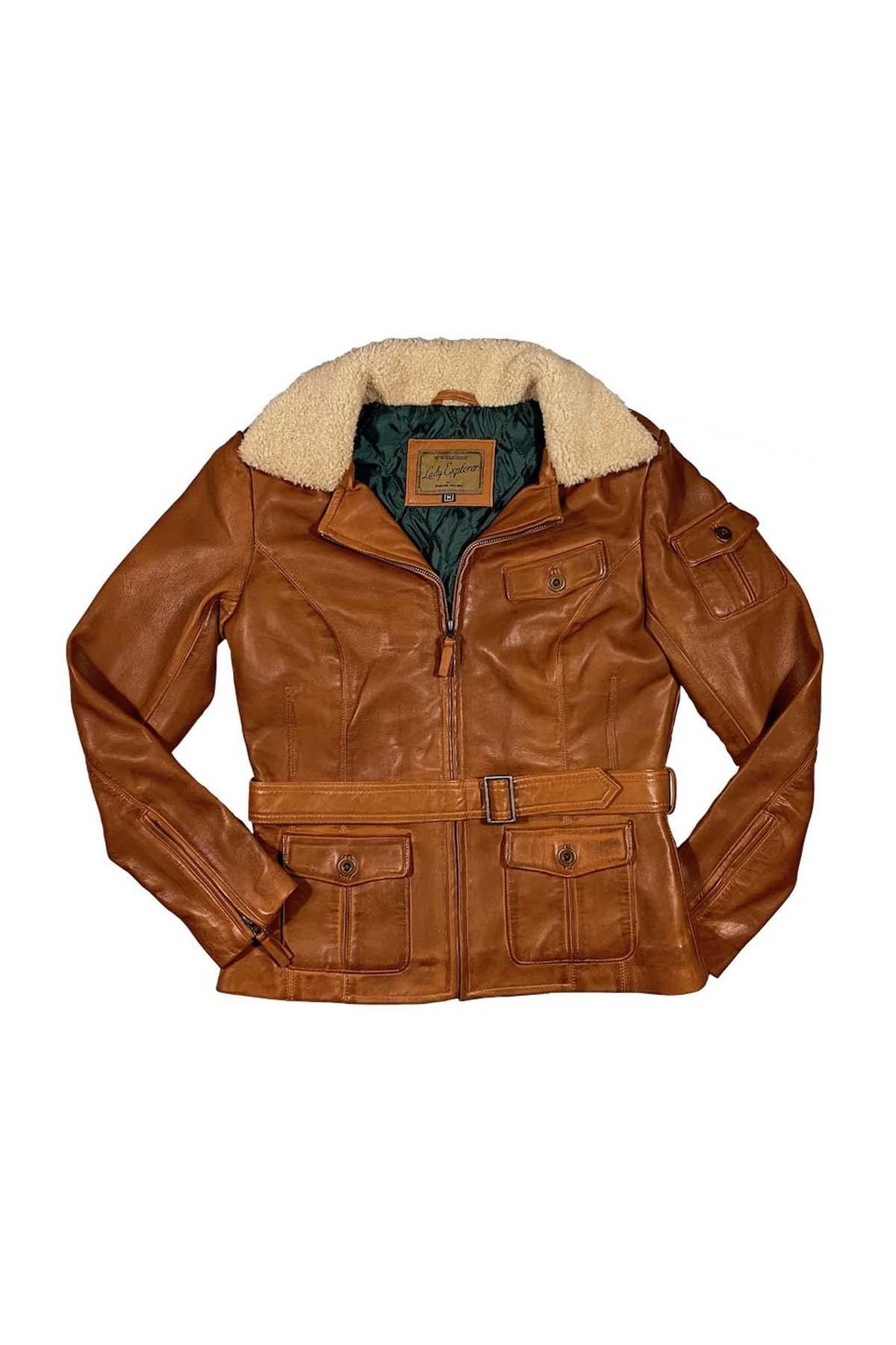 Cognac sheepskin leather bomber jacket - Image n°10