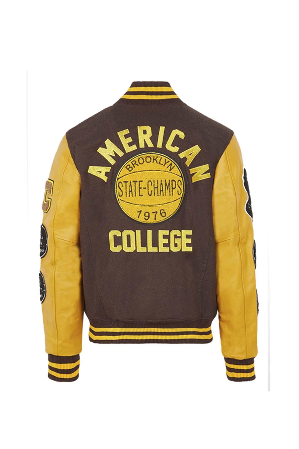 Brown and yellow wool and leather varsity jacket - Image n°4