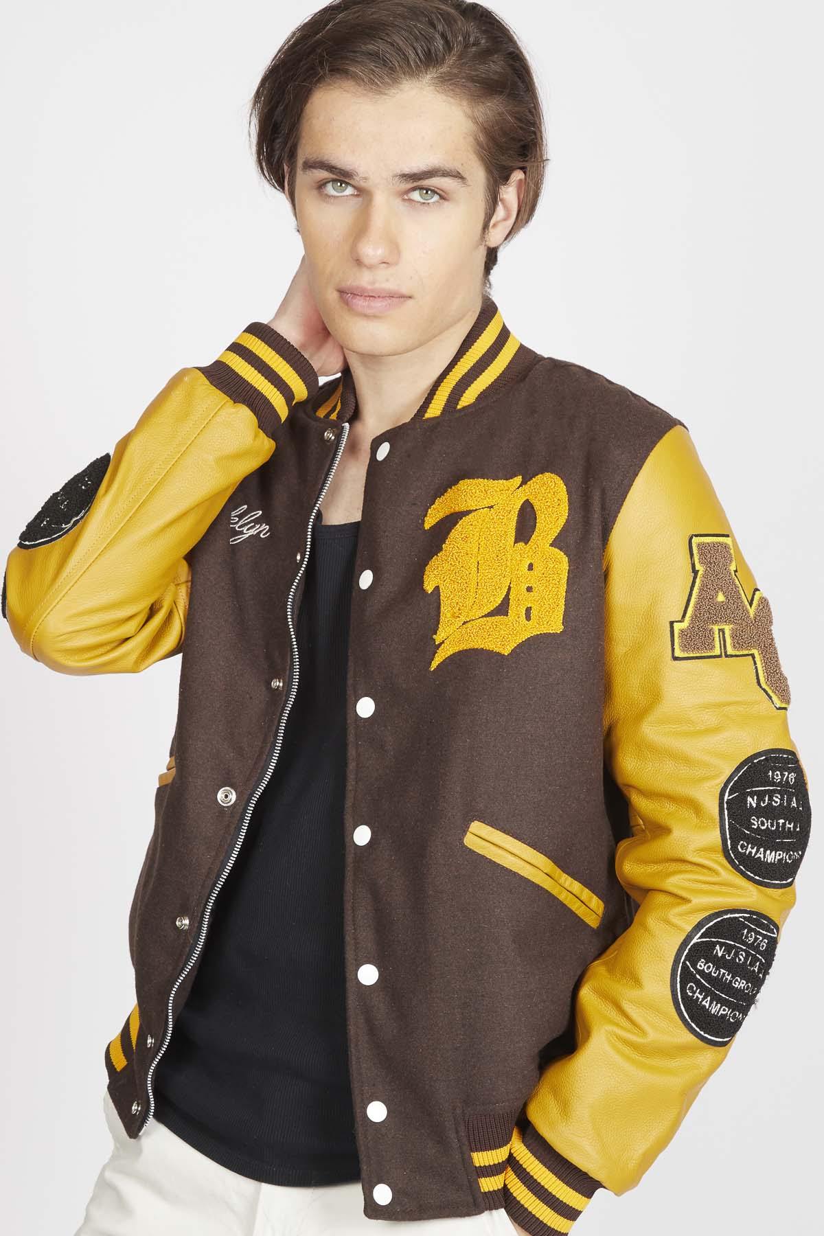 Brown and yellow wool and leather varsity jacket - Image n°1