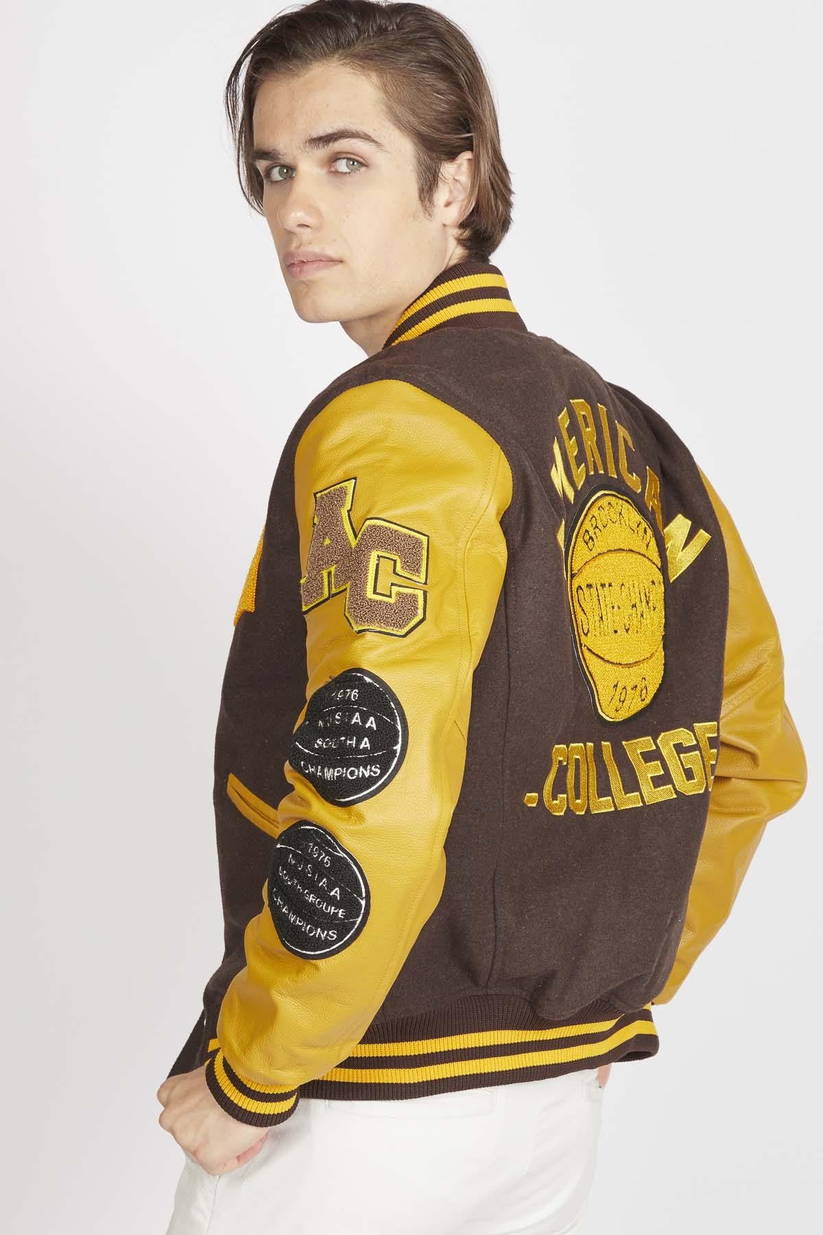 Brown and yellow wool and leather varsity jacket - Image n°2