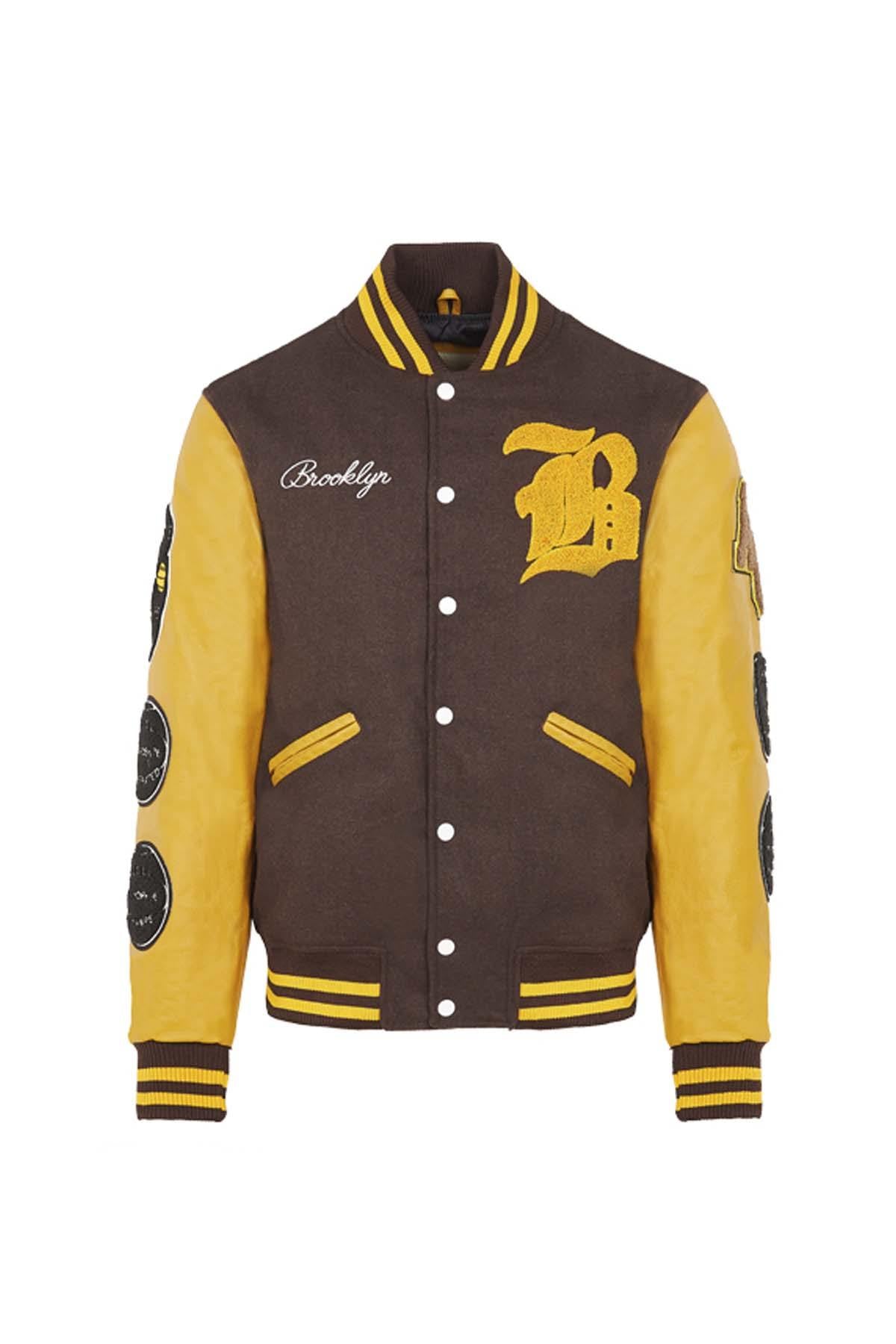 Brown and yellow wool and leather varsity jacket - Image n°3