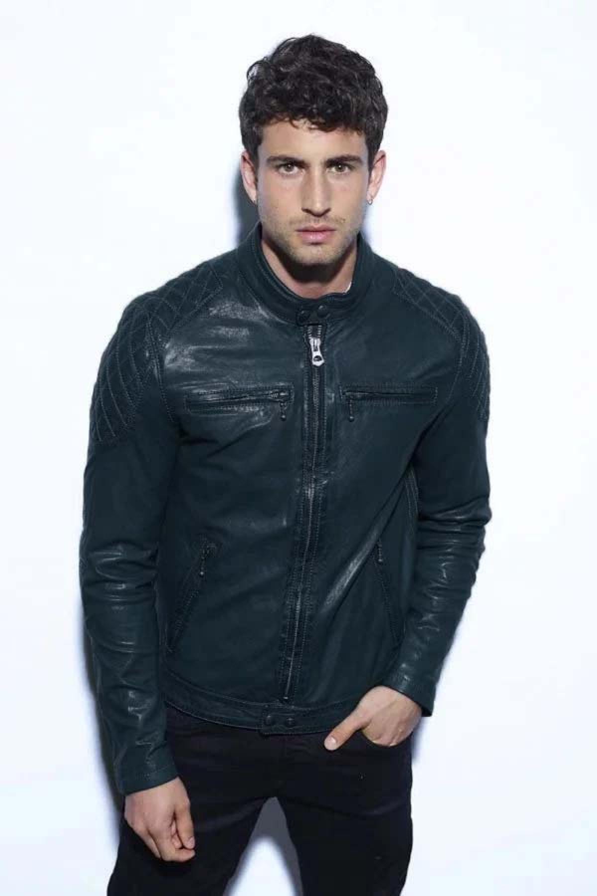 Blue leather biker collar jacket - Image n°1