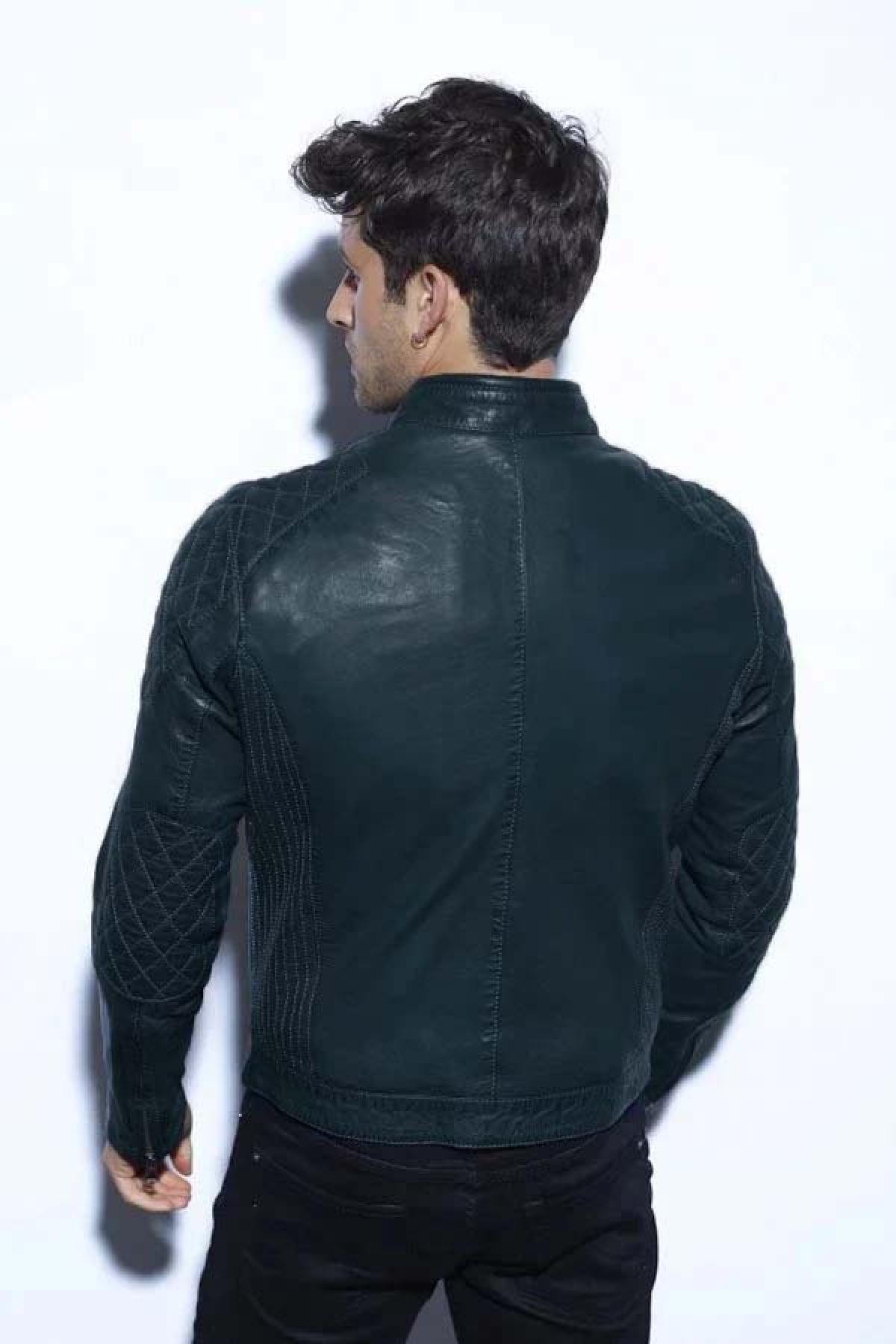 Blue leather biker collar jacket - Image n°4