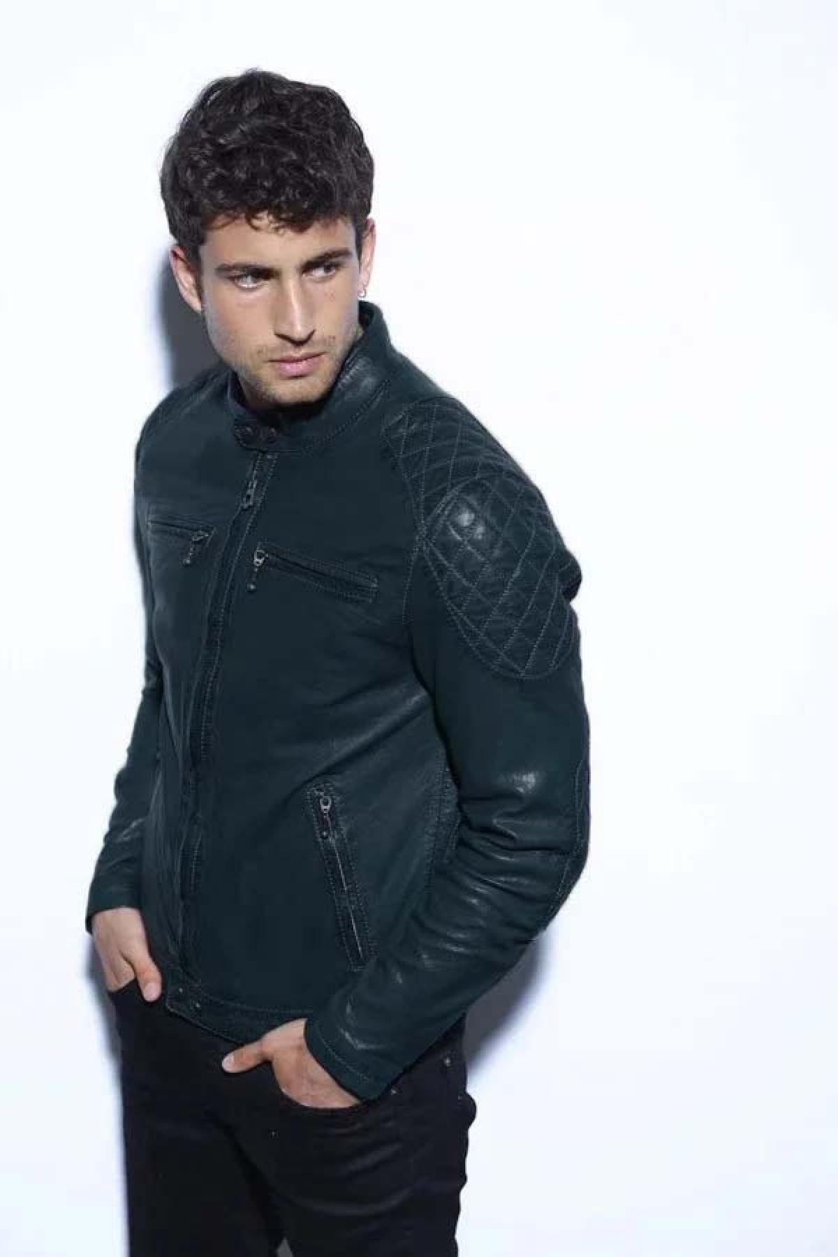 Blue leather biker collar jacket - Image n°3