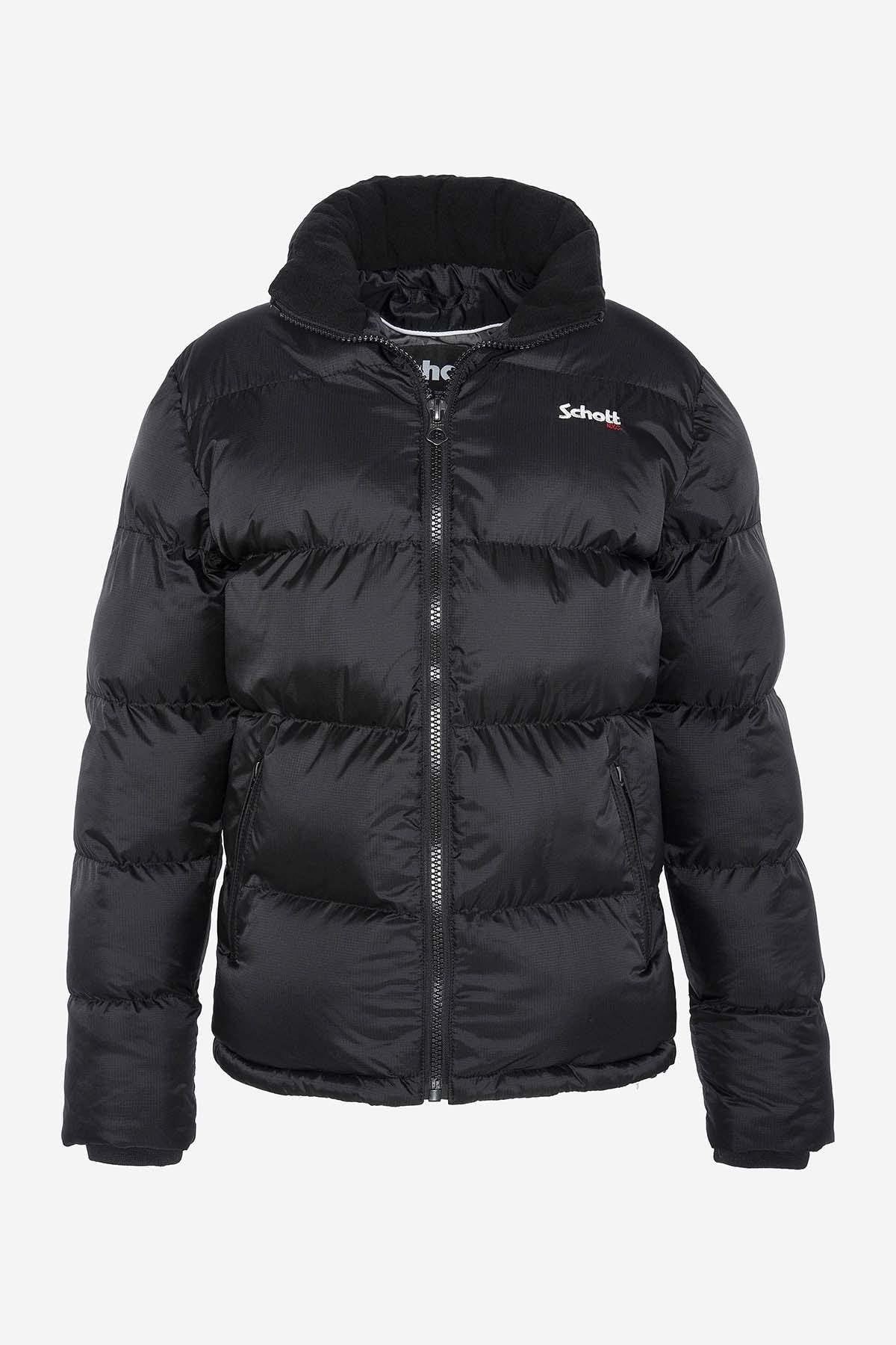 Black down jacket in ripstop nylon with fleece collar - Image n°1