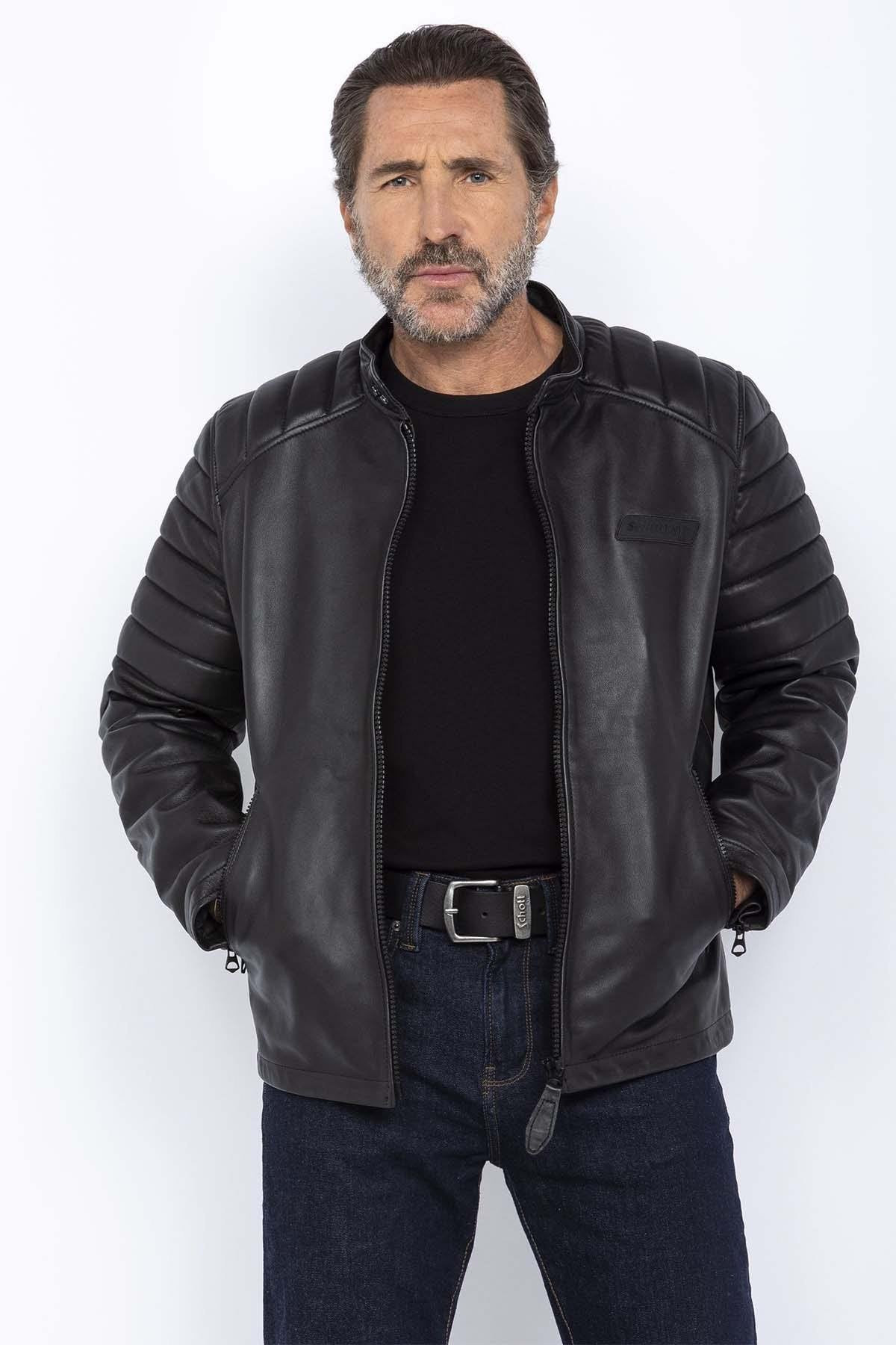 Black quilted leather biker jacket - Image n°1