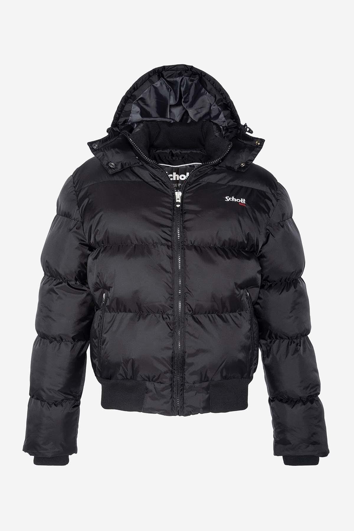 Black quilted down jacket with removable hood - Image n°1