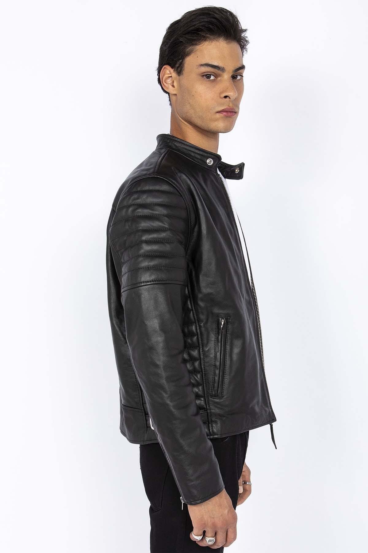 Biker-style jacket in black cowhide leather - Image n°1