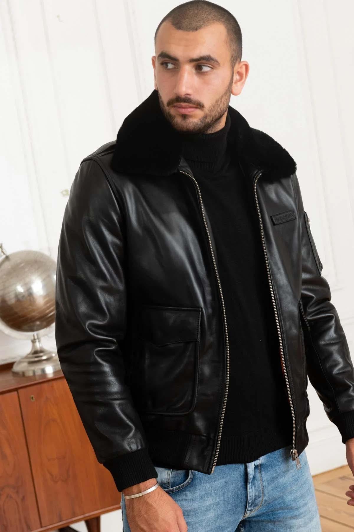 Black leather and fur bomber jacket - Image n°1