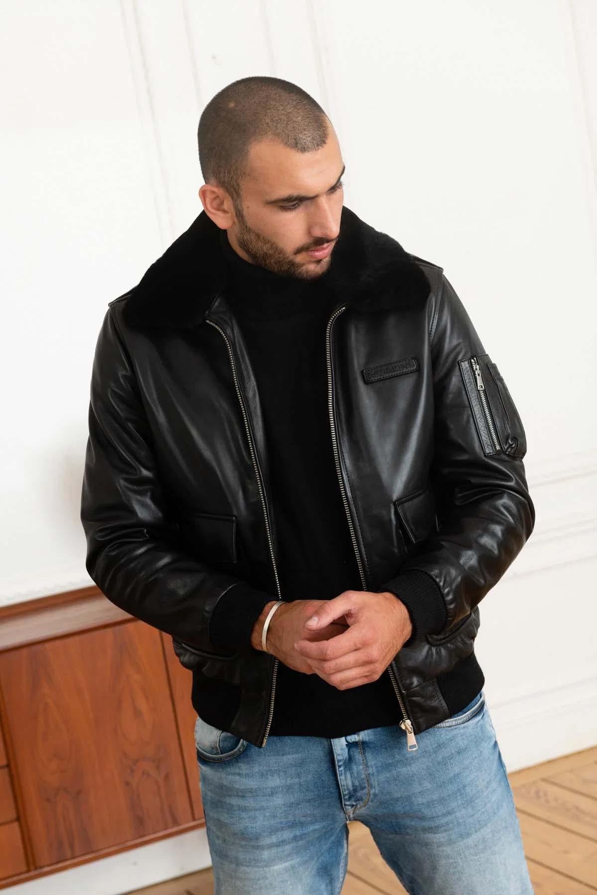 Black leather and fur bomber jacket - Image n°4