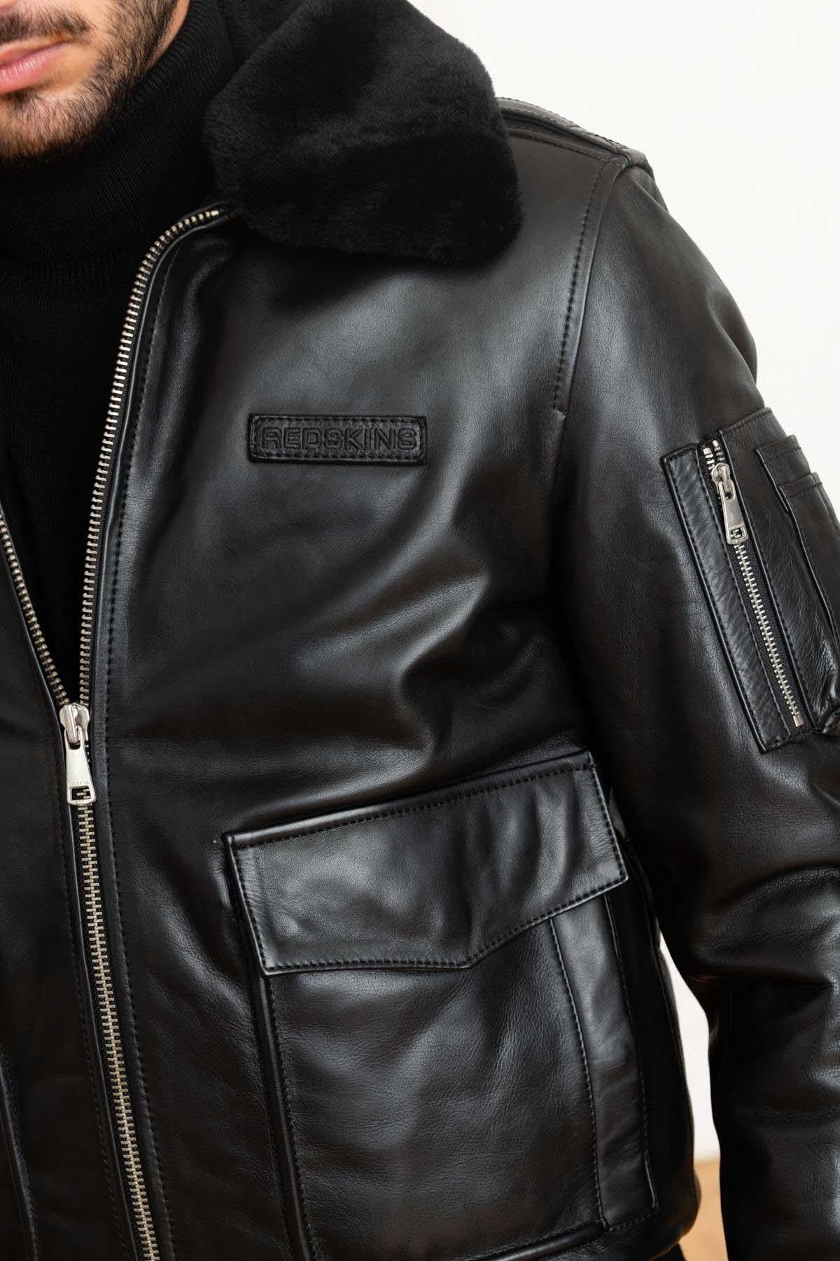 Black leather and fur bomber jacket - Image n°7