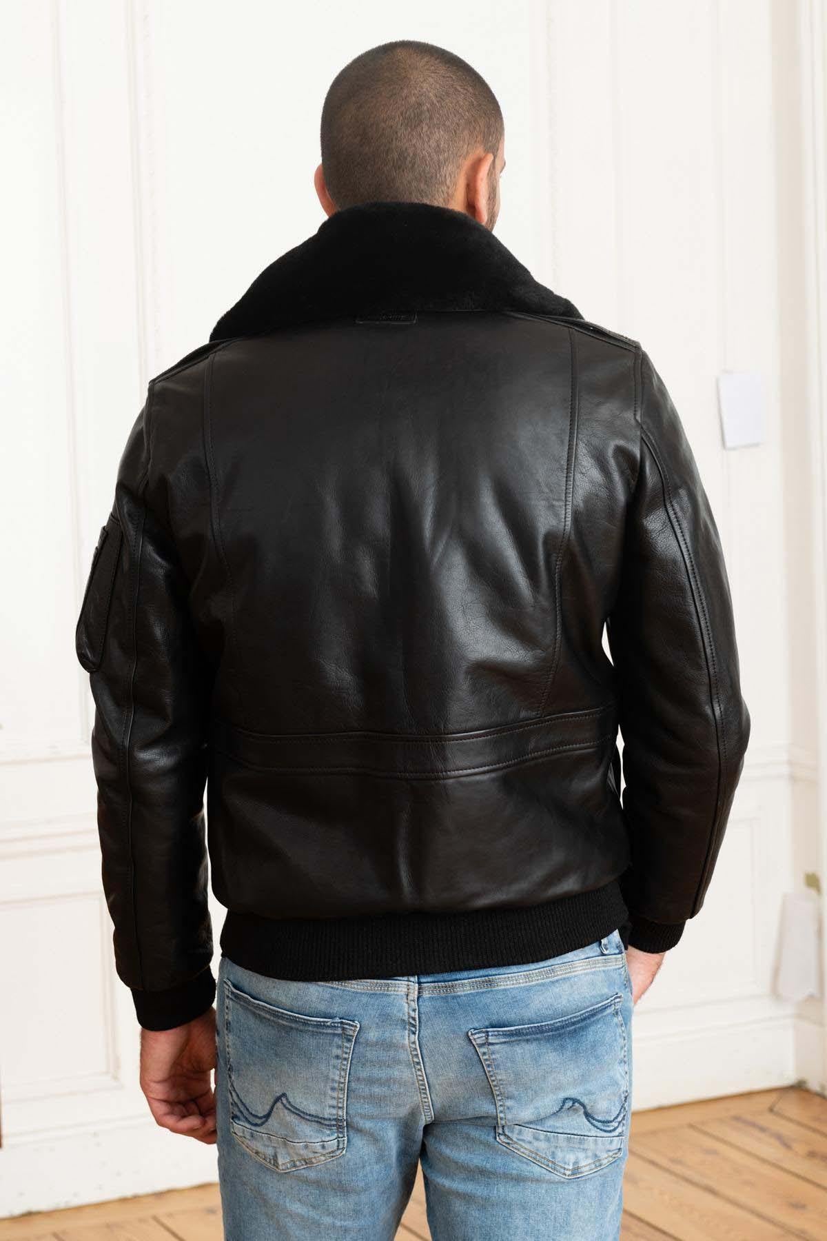 Black leather and fur bomber jacket - Image n°5