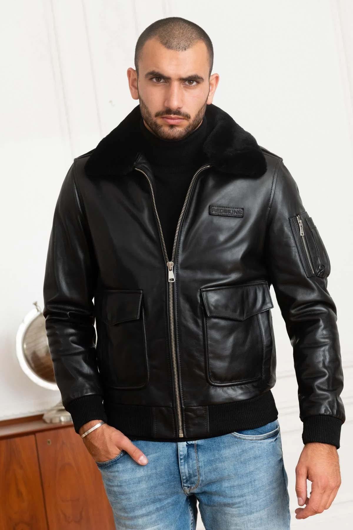 Black leather and fur bomber jacket - Image n°3