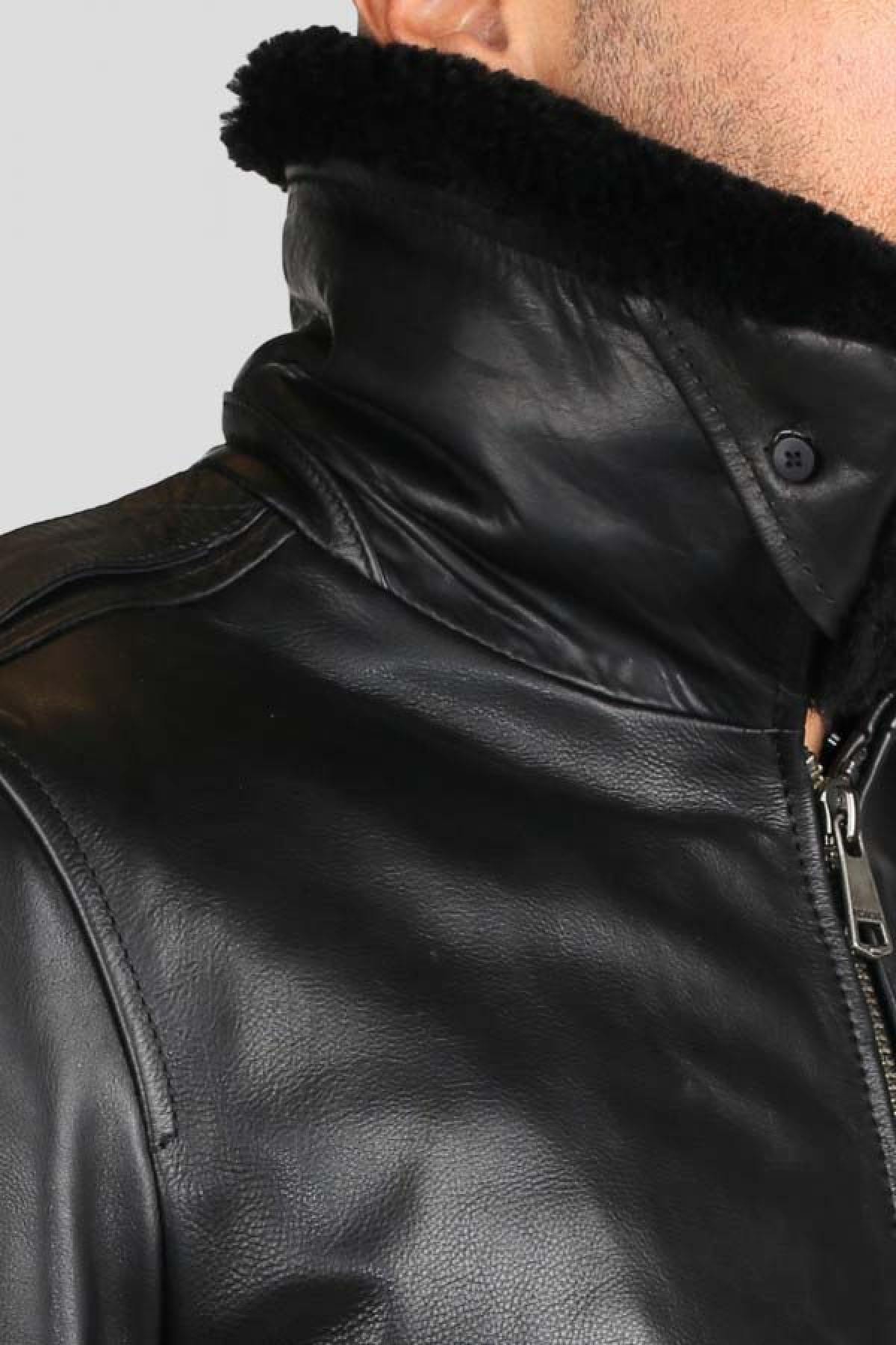 Black leather pilot jacket with fur collar - Image n°6