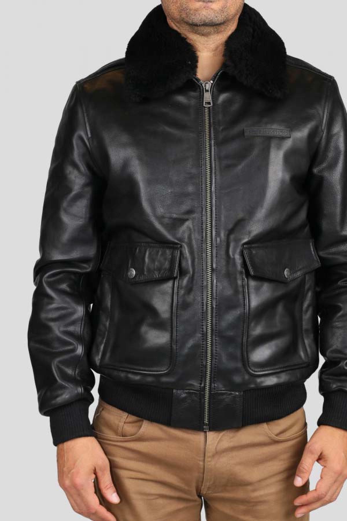 Black leather pilot jacket with fur collar - Image n°3