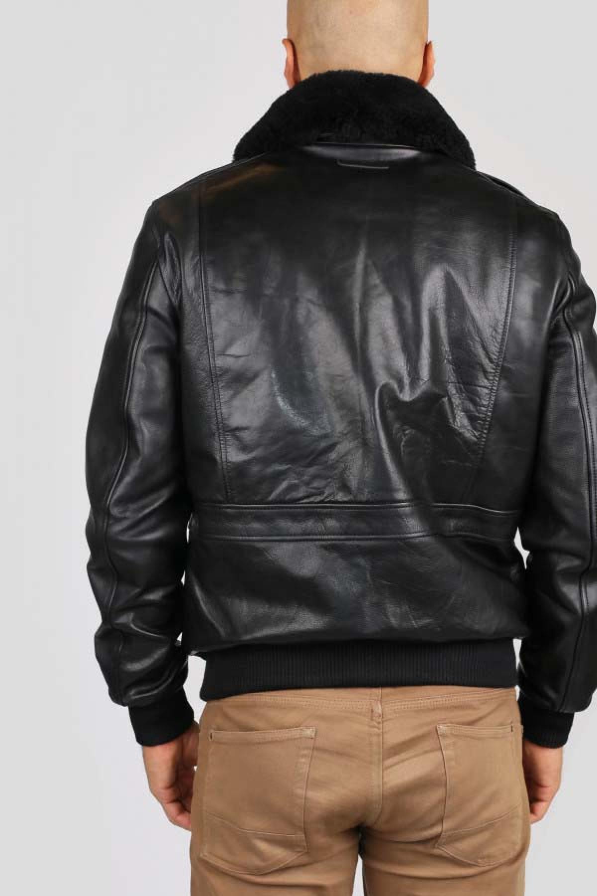 Black leather pilot jacket with fur collar - Image n°4